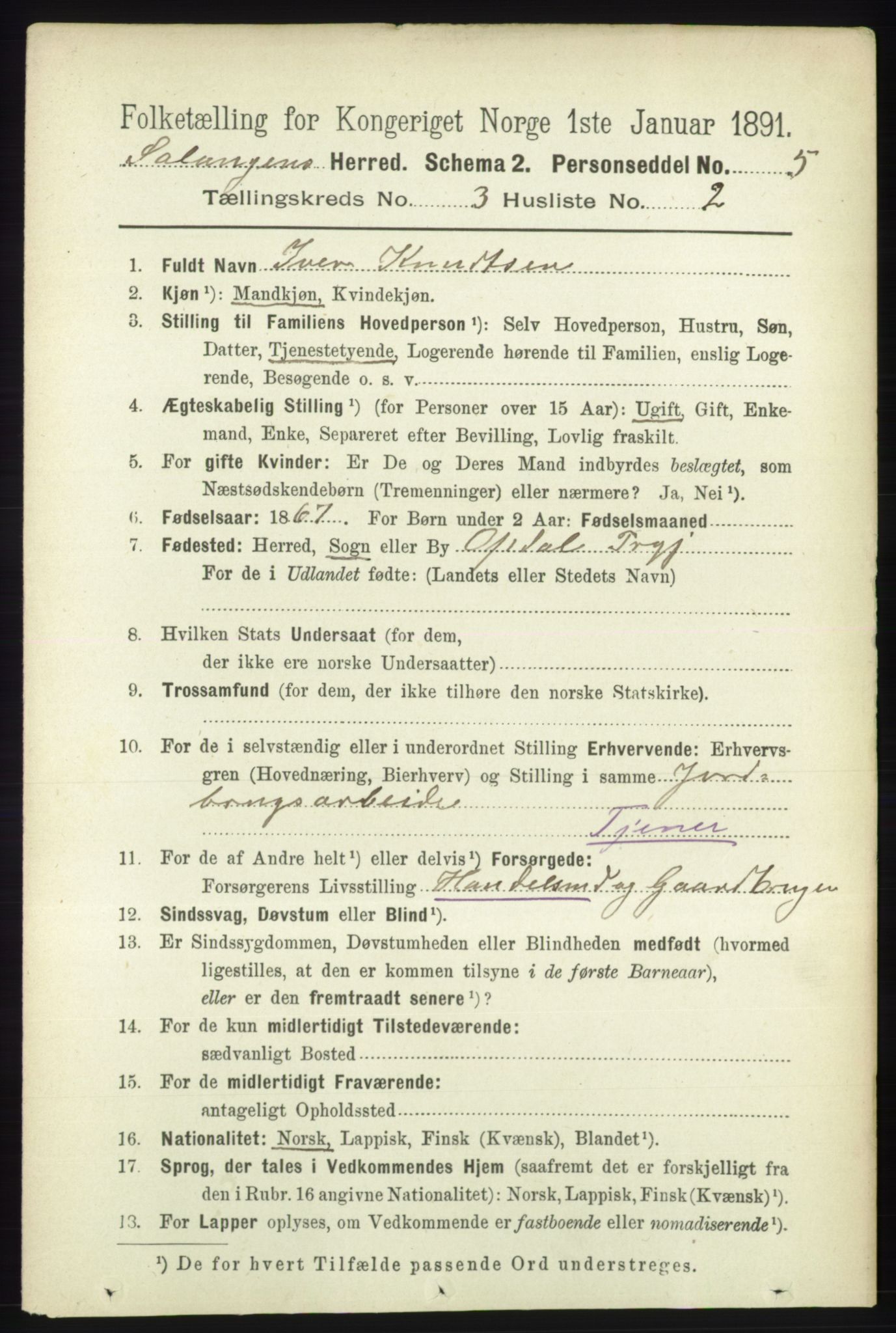 RA, 1891 census for 1921 Salangen, 1891, p. 1243