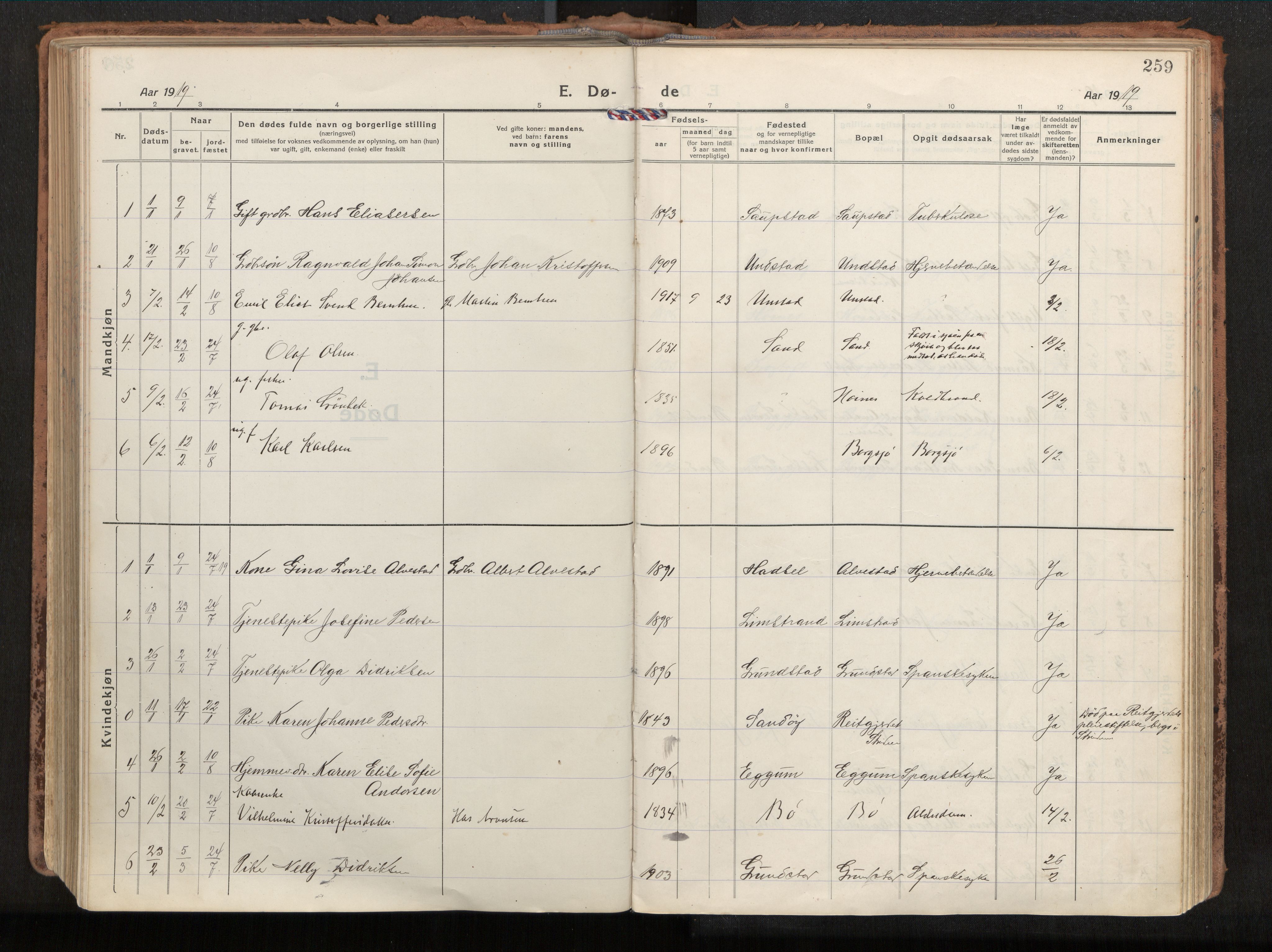 Ministerialprotokoller, klokkerbøker og fødselsregistre - Nordland, SAT/A-1459/880/L1136: Parish register (official) no. 880A10, 1919-1927, p. 259