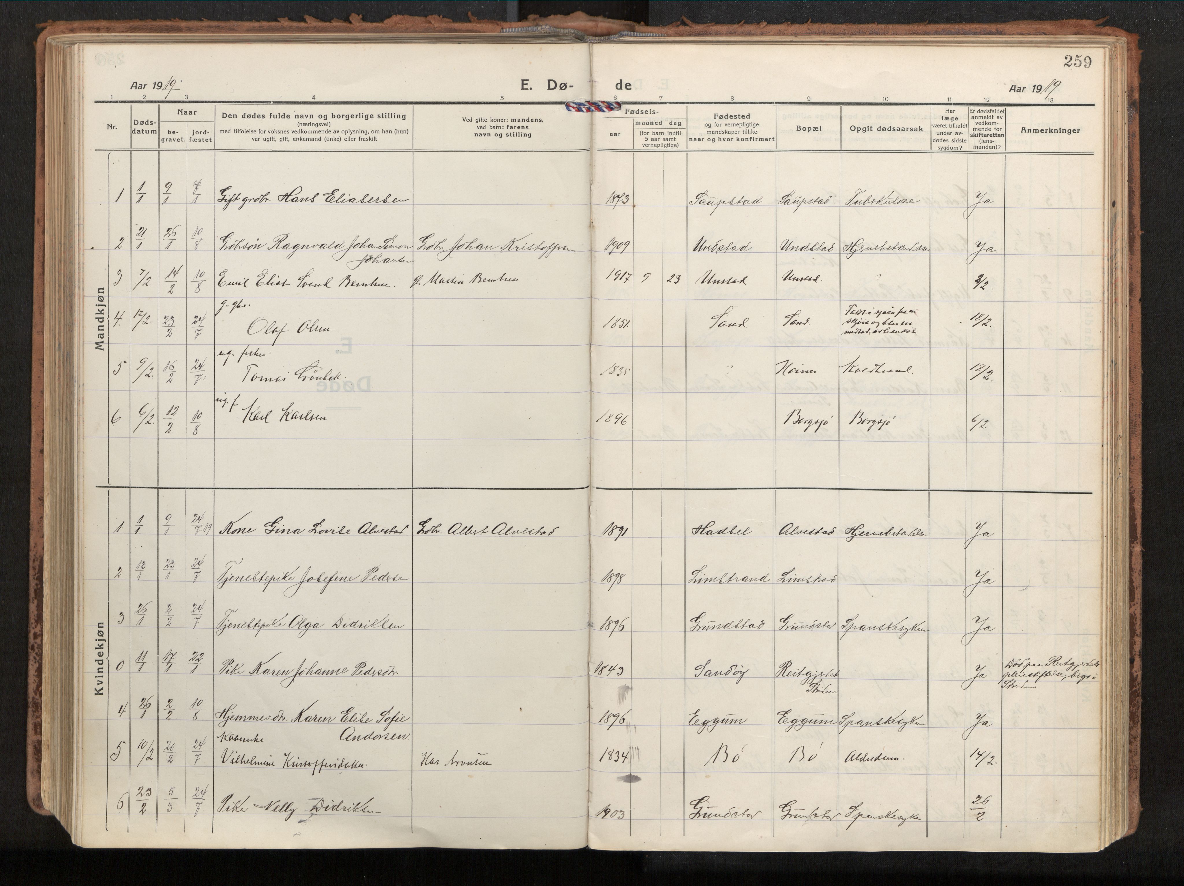 Ministerialprotokoller, klokkerbøker og fødselsregistre - Nordland, AV/SAT-A-1459/880/L1136: Parish register (official) no. 880A10, 1919-1927, p. 259