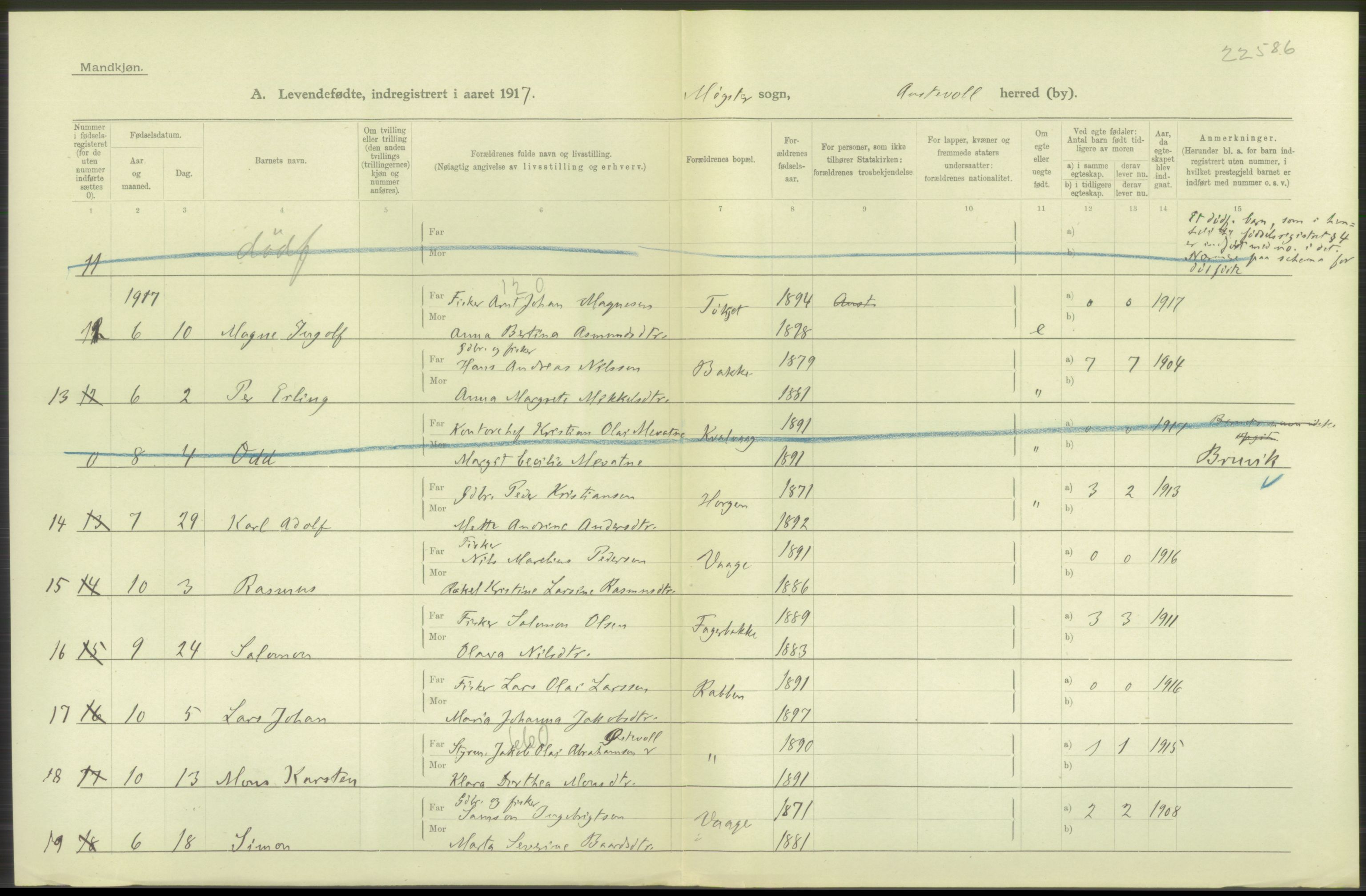 Statistisk sentralbyrå, Sosiodemografiske emner, Befolkning, AV/RA-S-2228/D/Df/Dfb/Dfbg/L0034: S. Bergenhus amt: Levendefødte menn og kvinner. Bygder., 1917, p. 402