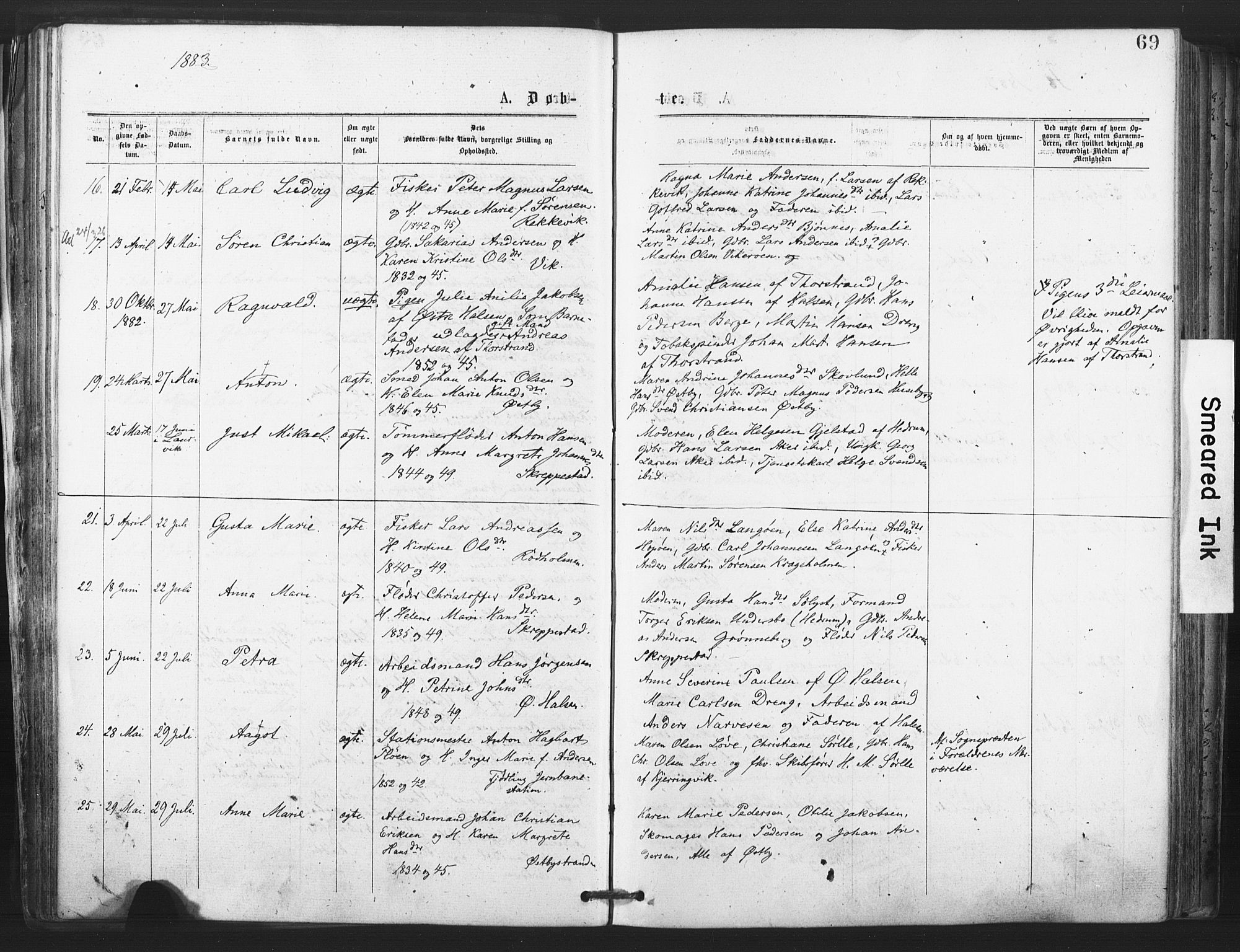 Tjølling kirkebøker, AV/SAKO-A-60/F/Fa/L0008: Parish register (official) no. 8, 1877-1886, p. 69