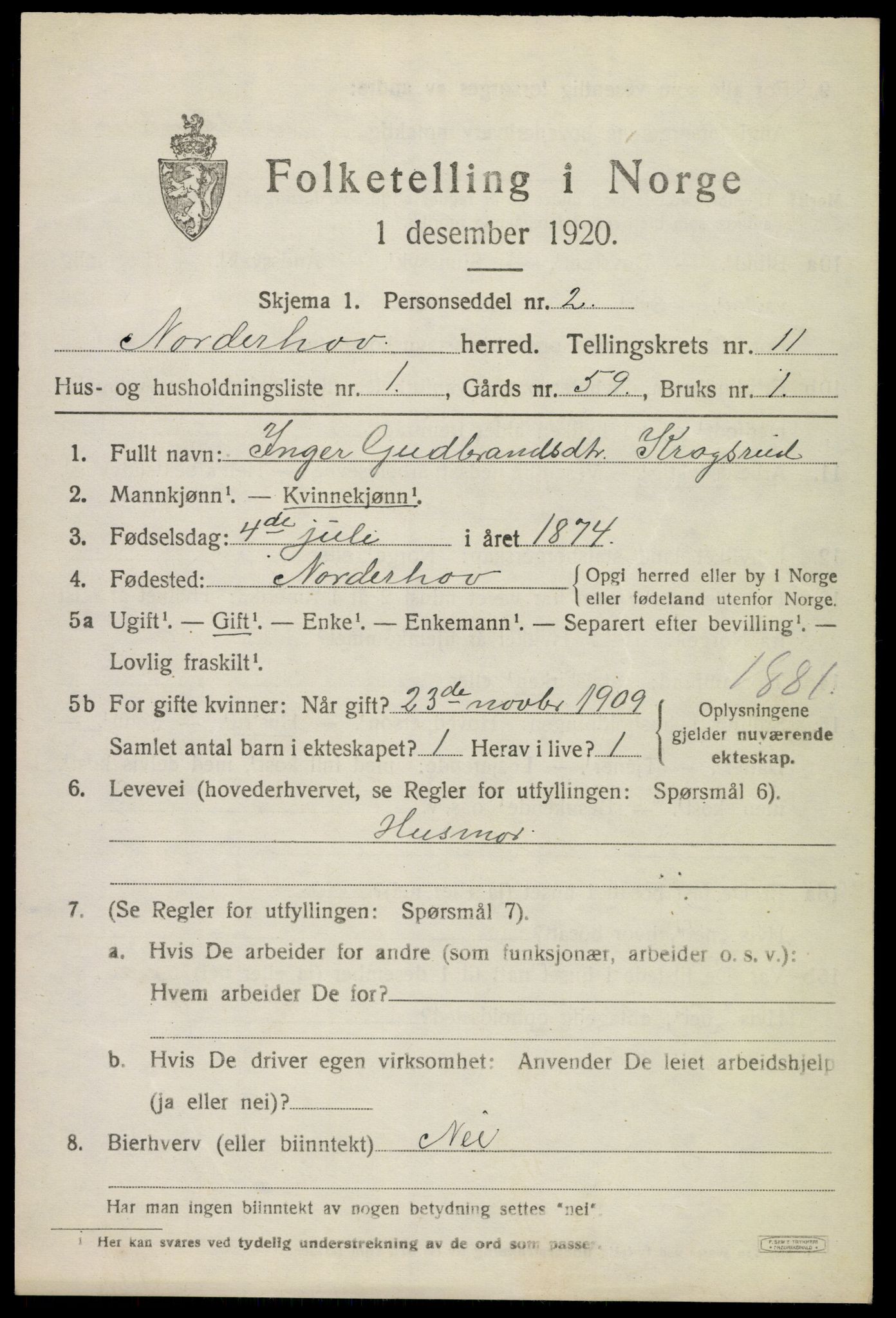 SAKO, 1920 census for Norderhov, 1920, p. 12884