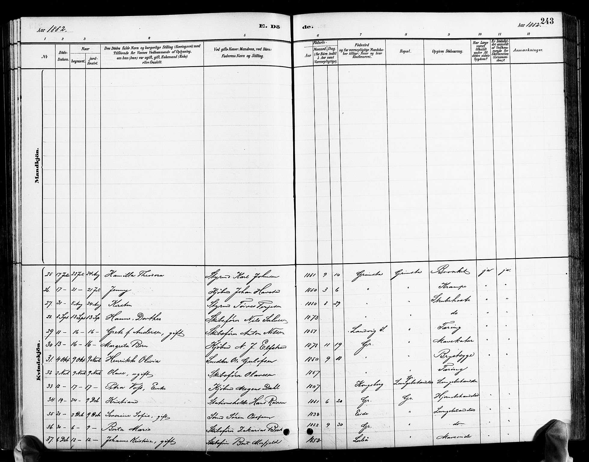 Grimstad sokneprestkontor, SAK/1111-0017/F/Fb/L0001: Parish register (copy) no. B 1, 1881-1922, p. 243