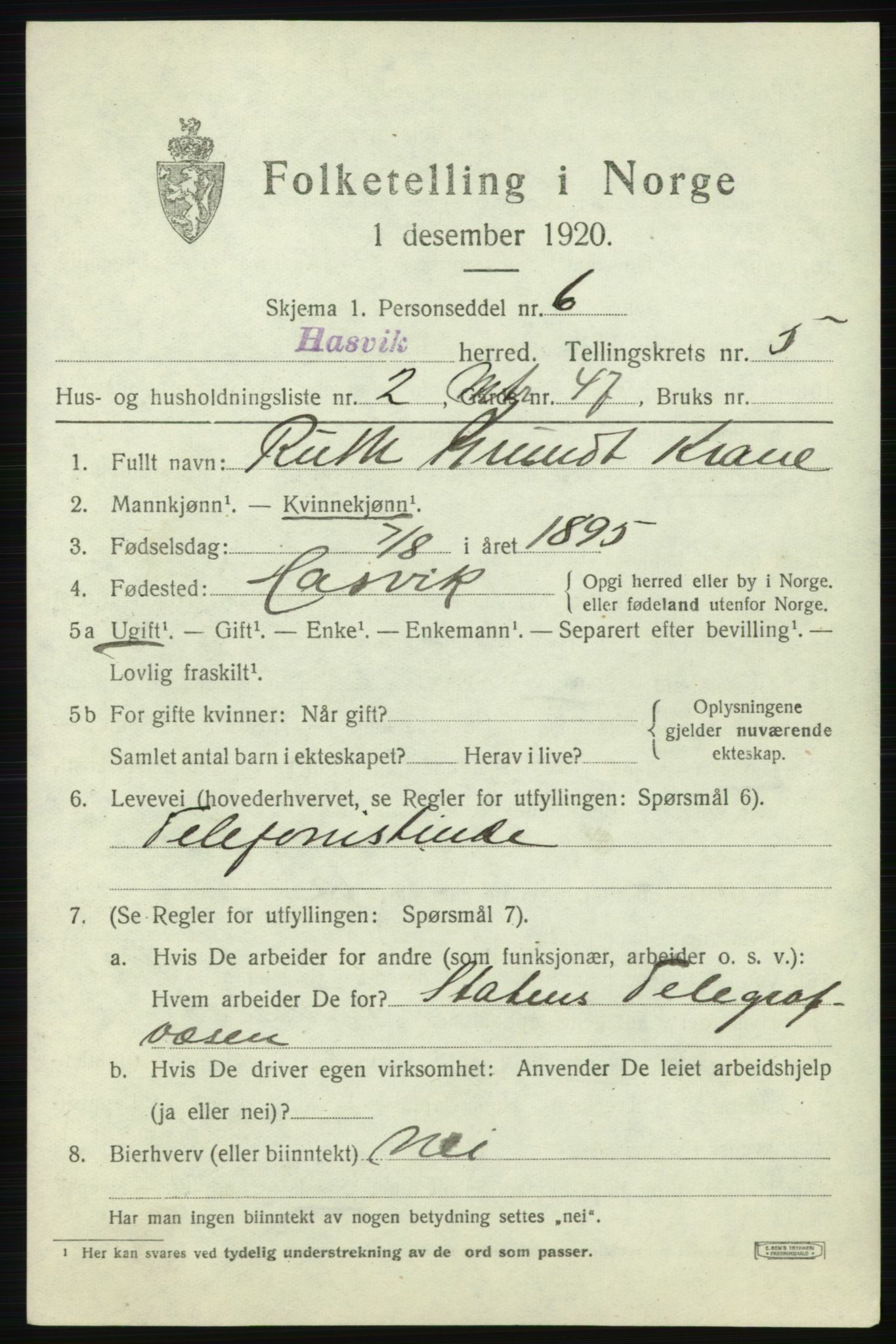 SATØ, 1920 census for Hasvik, 1920, p. 2335