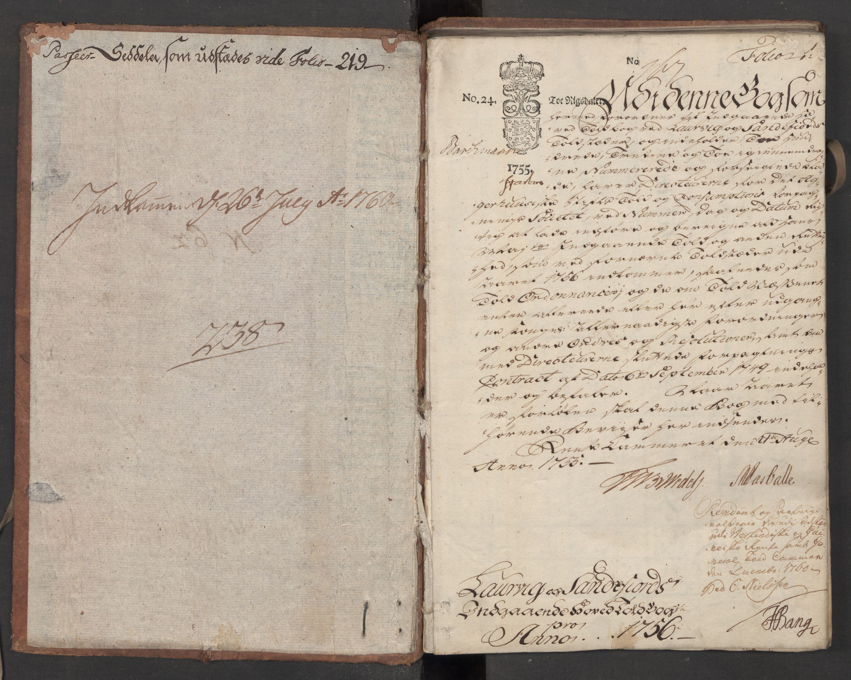 Generaltollkammeret, tollregnskaper, AV/RA-EA-5490/R11/L0026/0001: Tollregnskaper Larvik og Sandefjord / Inngående hovedtollbok, 1756, p. 1a