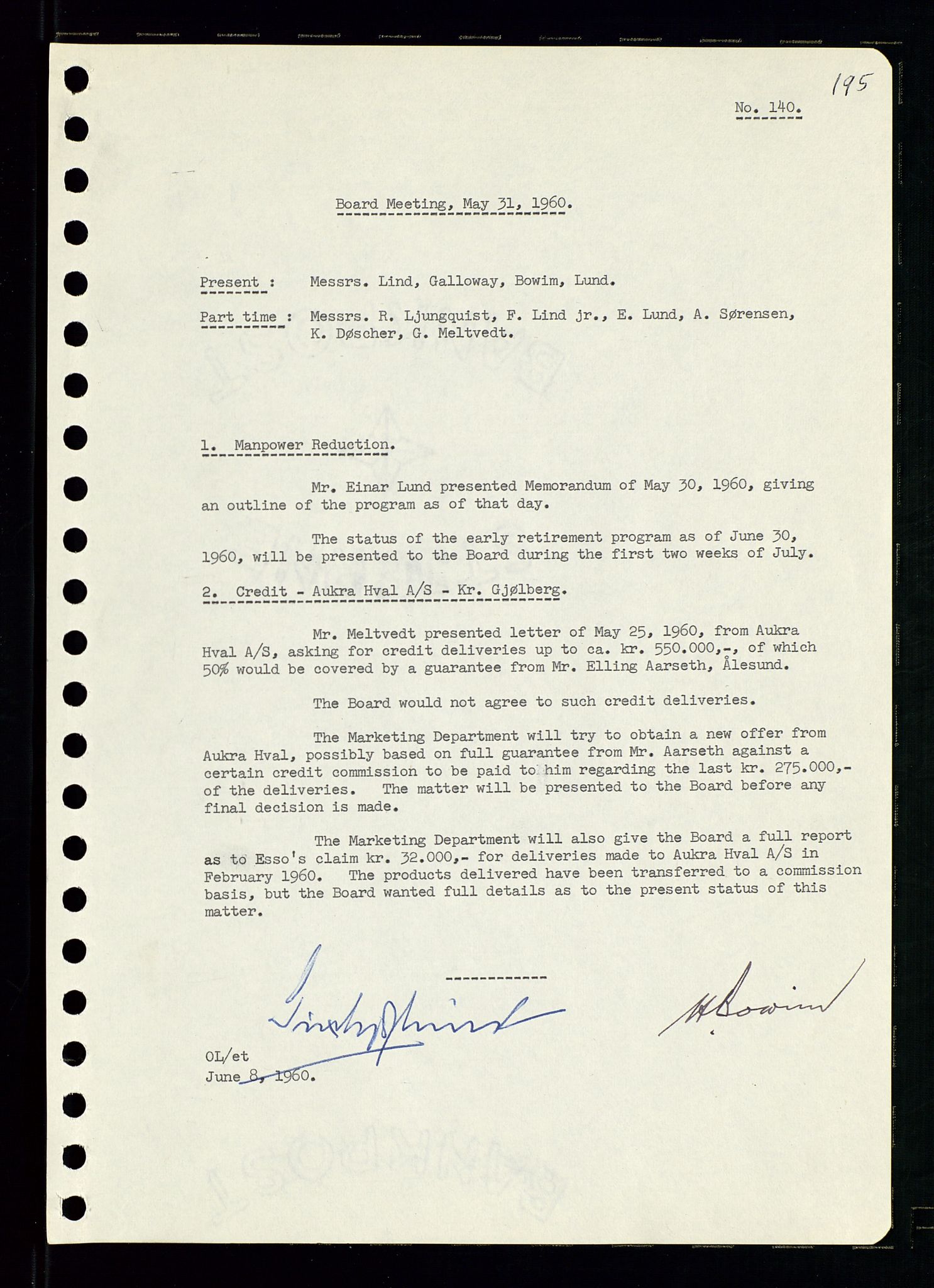 Pa 0982 - Esso Norge A/S, AV/SAST-A-100448/A/Aa/L0001/0002: Den administrerende direksjon Board minutes (styrereferater) / Den administrerende direksjon Board minutes (styrereferater), 1960-1961, p. 31