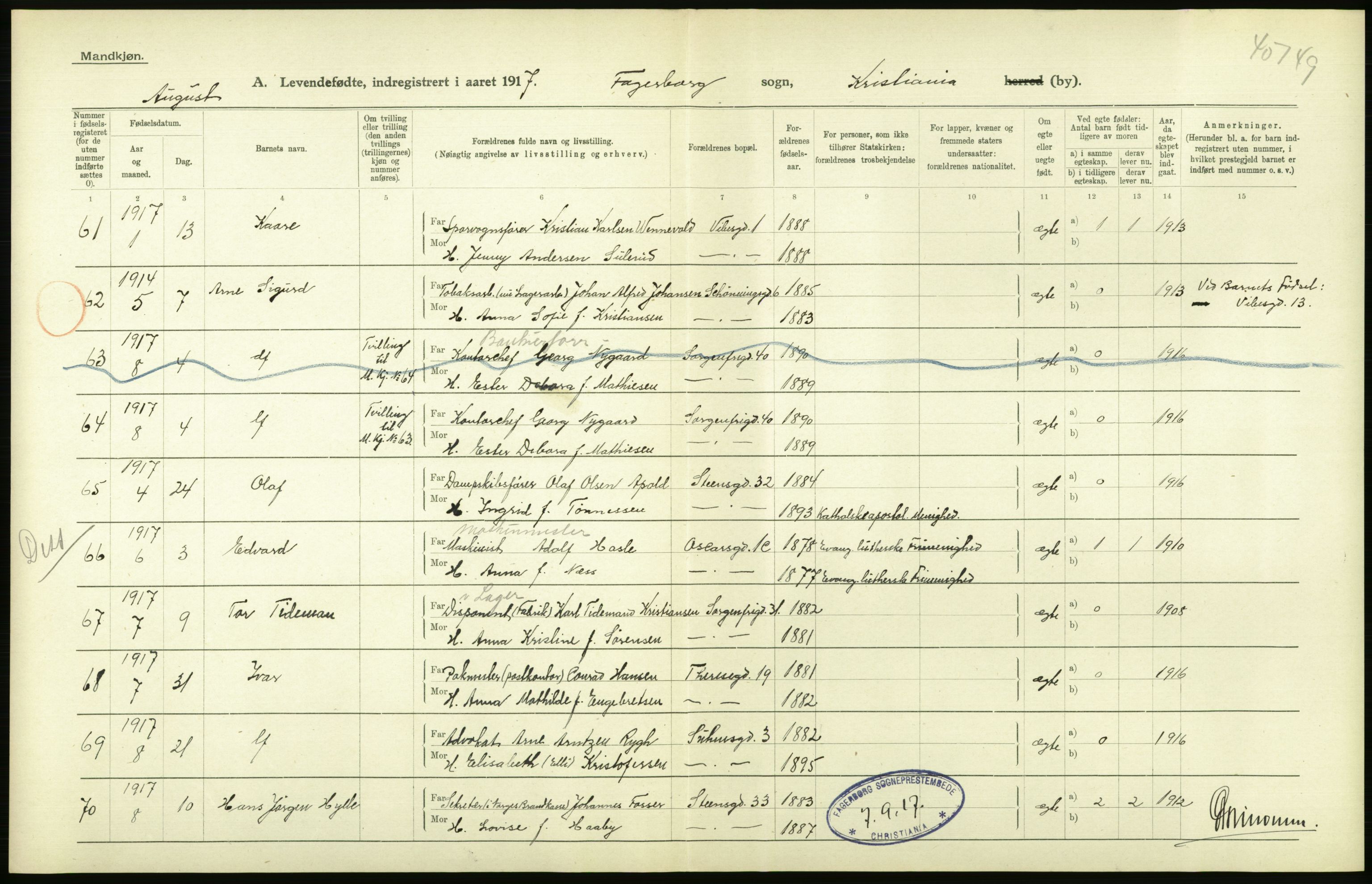 Statistisk sentralbyrå, Sosiodemografiske emner, Befolkning, AV/RA-S-2228/D/Df/Dfb/Dfbg/L0006: Kristiania: Levendefødte menn og kvinner., 1917, p. 86