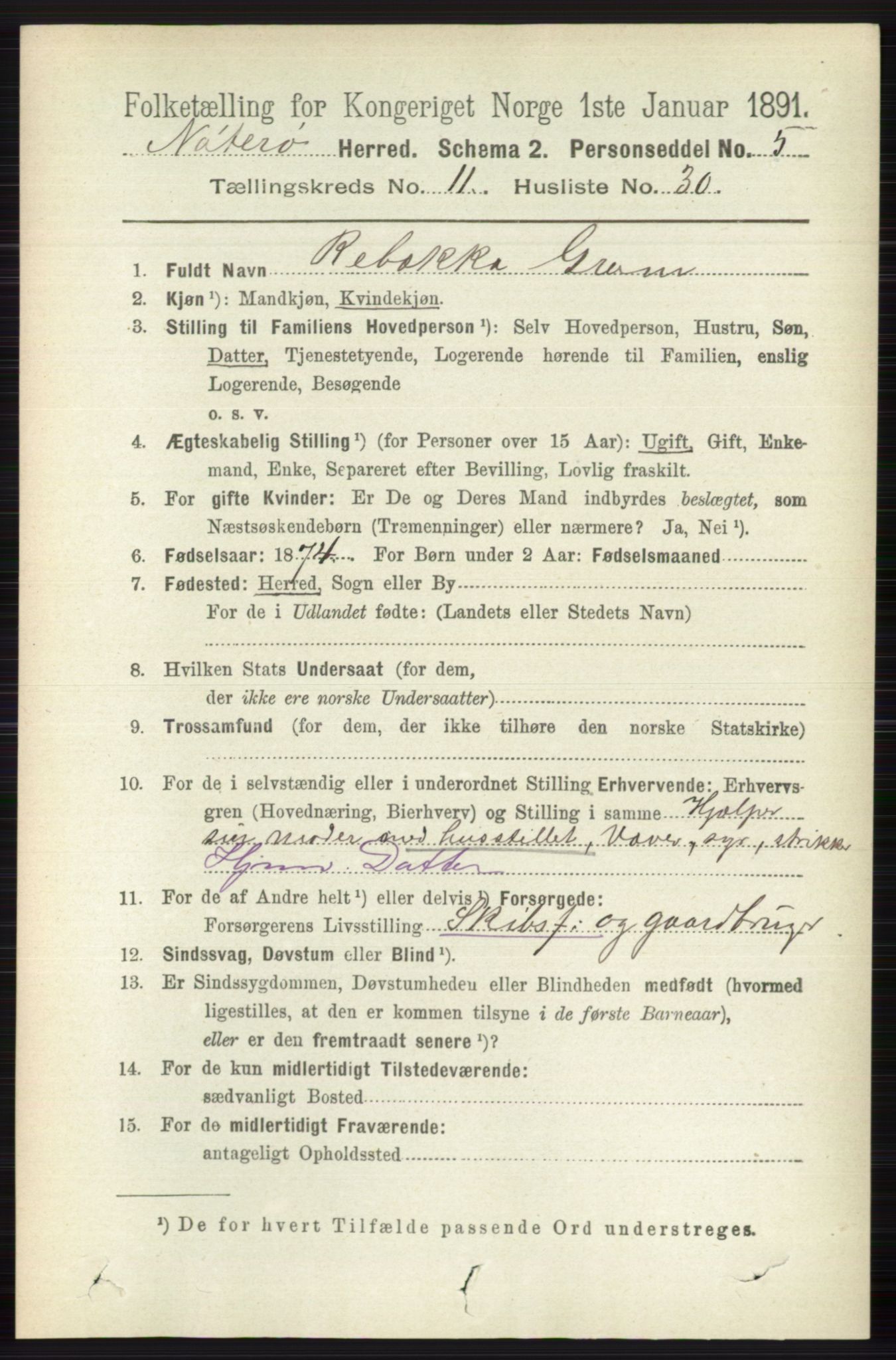 RA, 1891 census for 0722 Nøtterøy, 1891, p. 5988