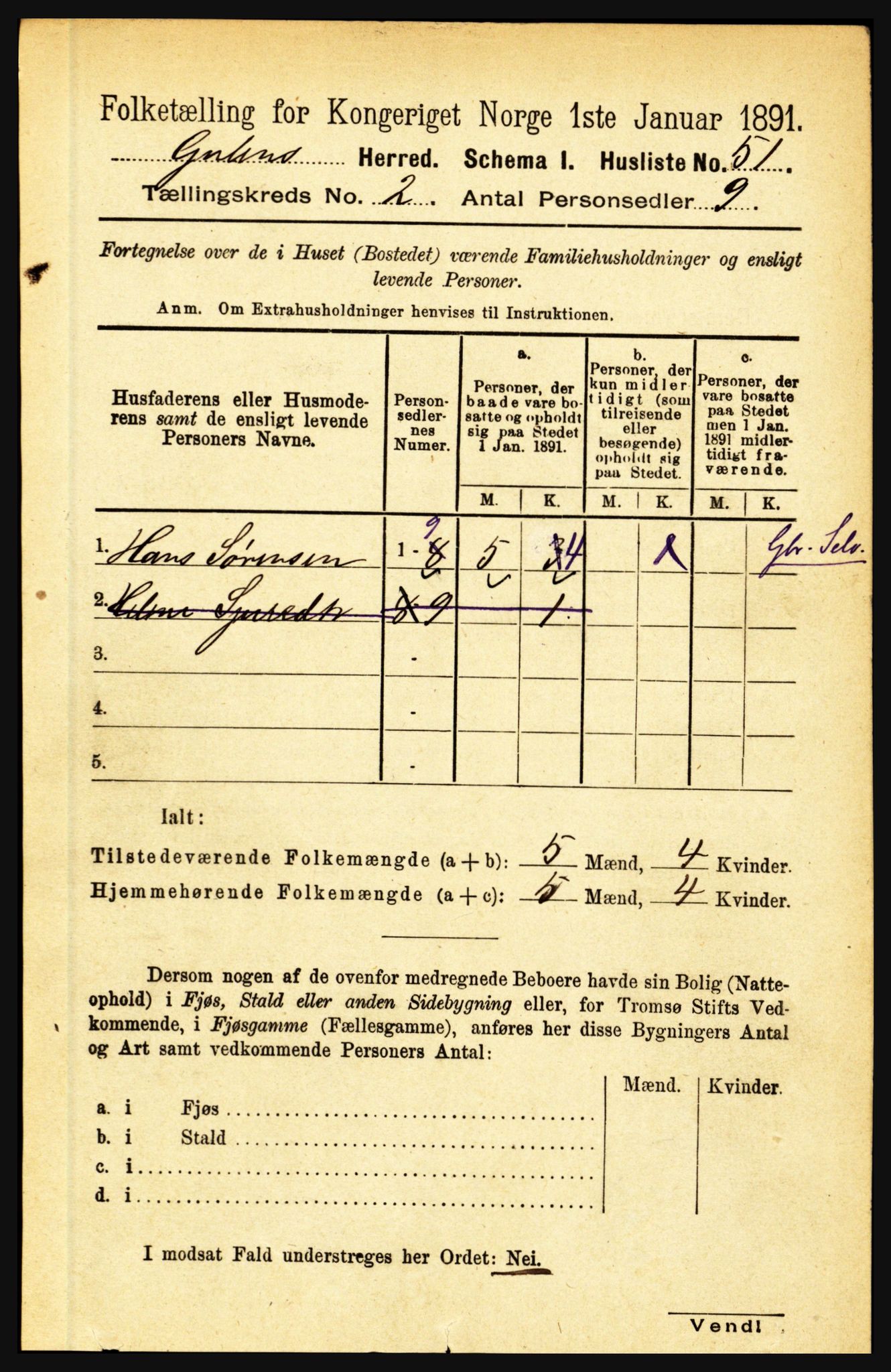 RA, 1891 census for 1411 Gulen, 1891, p. 487