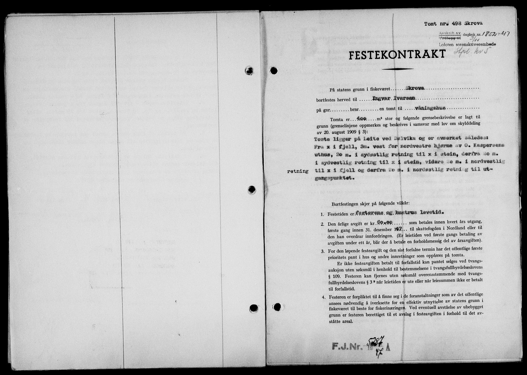 Lofoten sorenskriveri, SAT/A-0017/1/2/2C/L0017a: Mortgage book no. 17a, 1947-1948, Diary no: : 1852/1947