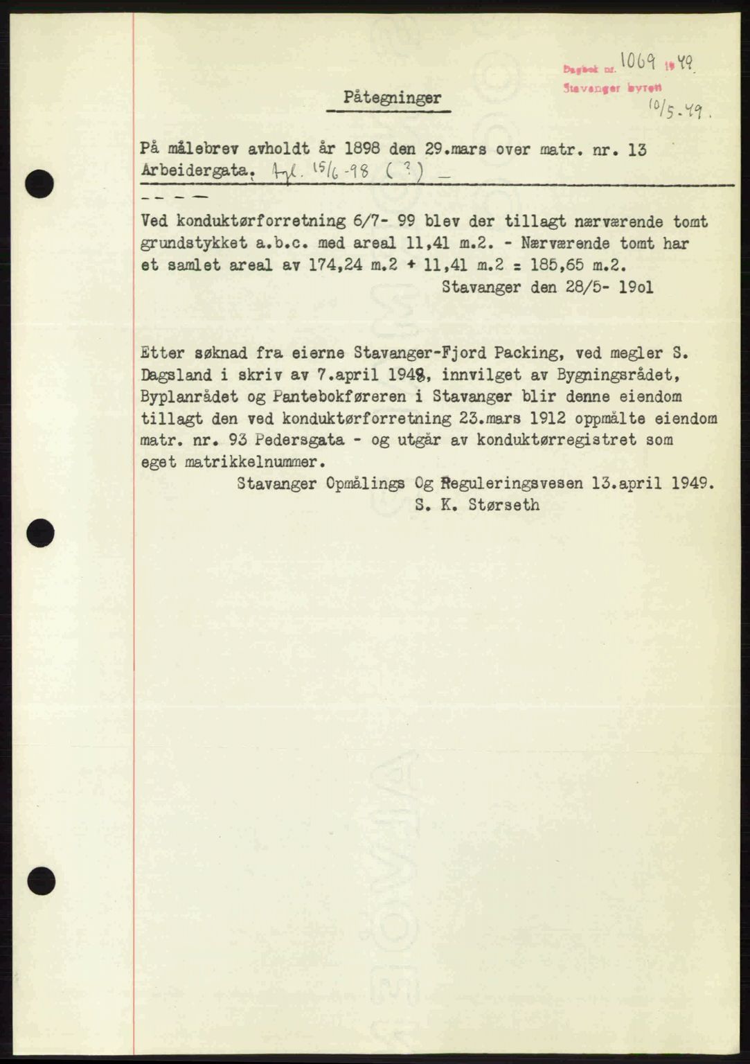 Stavanger byrett, SAST/A-100455/002/G/Gb/L0023: Mortgage book no. A12, 1948-1949, Diary no: : 1069/1949