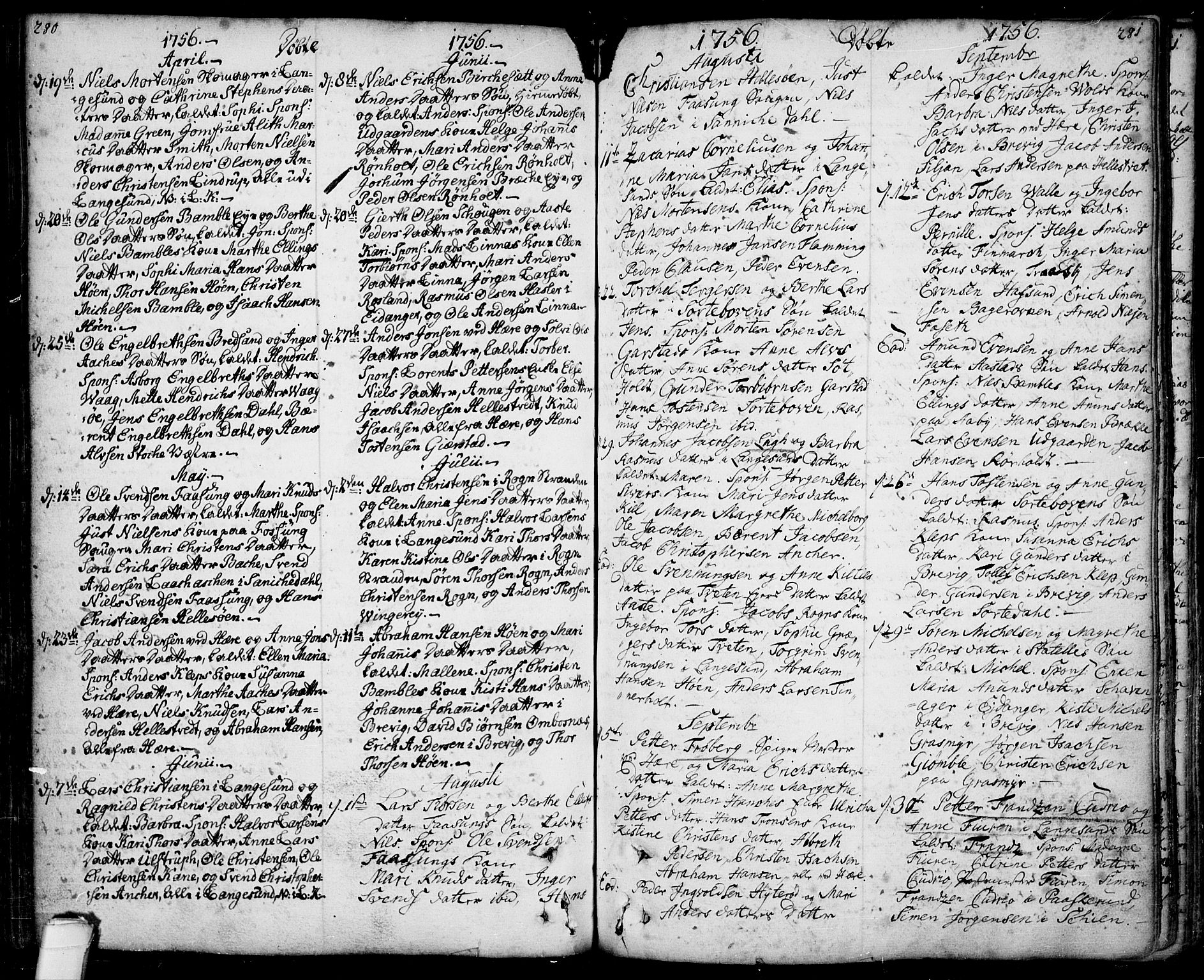 Bamble kirkebøker, AV/SAKO-A-253/F/Fa/L0001: Parish register (official) no. I 1, 1702-1774, p. 280-281