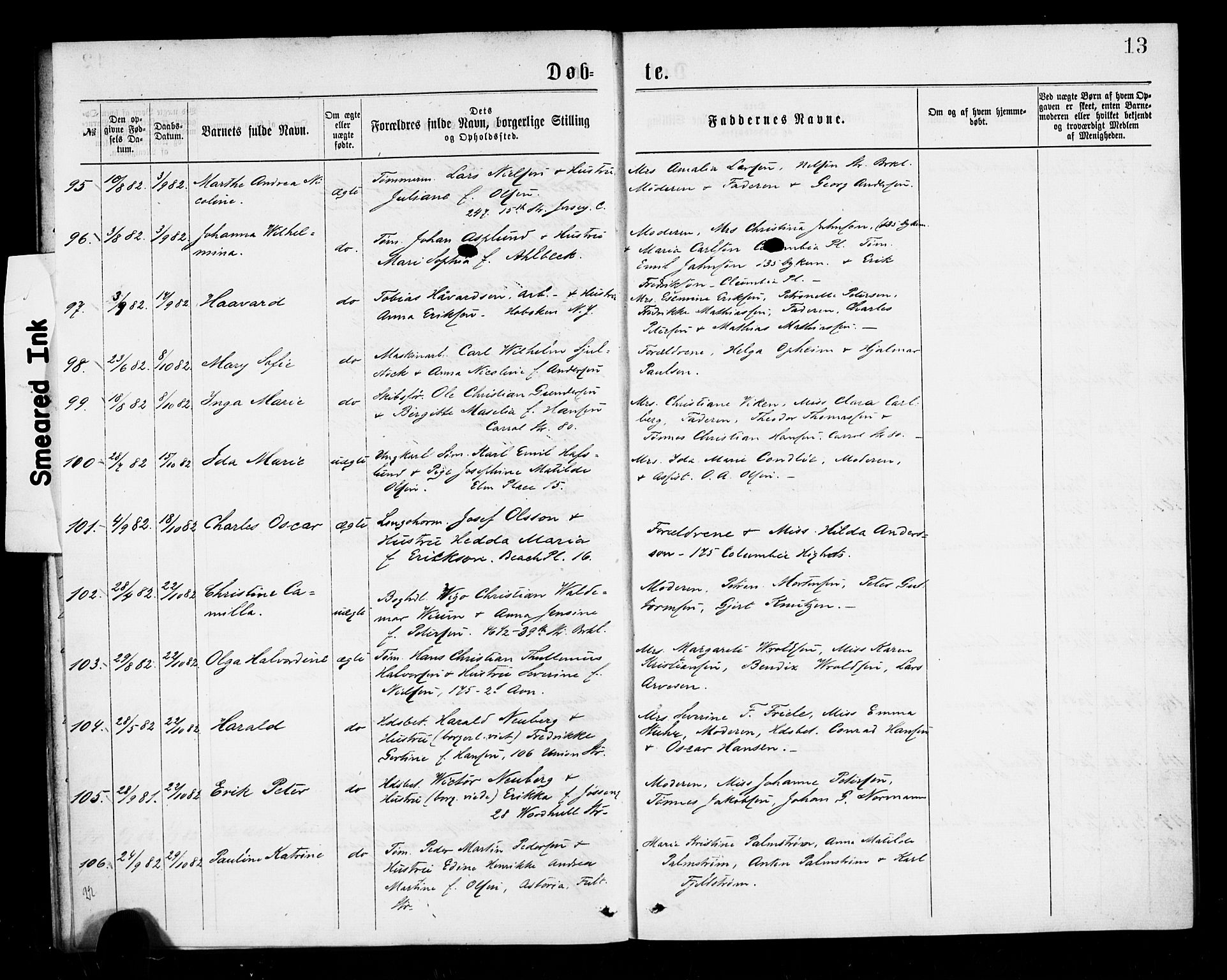 Den norske sjømannsmisjon i utlandet/New York, SAB/SAB/PA-0110/H/Ha/L0001: Parish register (official) no. A 1, 1878-1885, p. 13