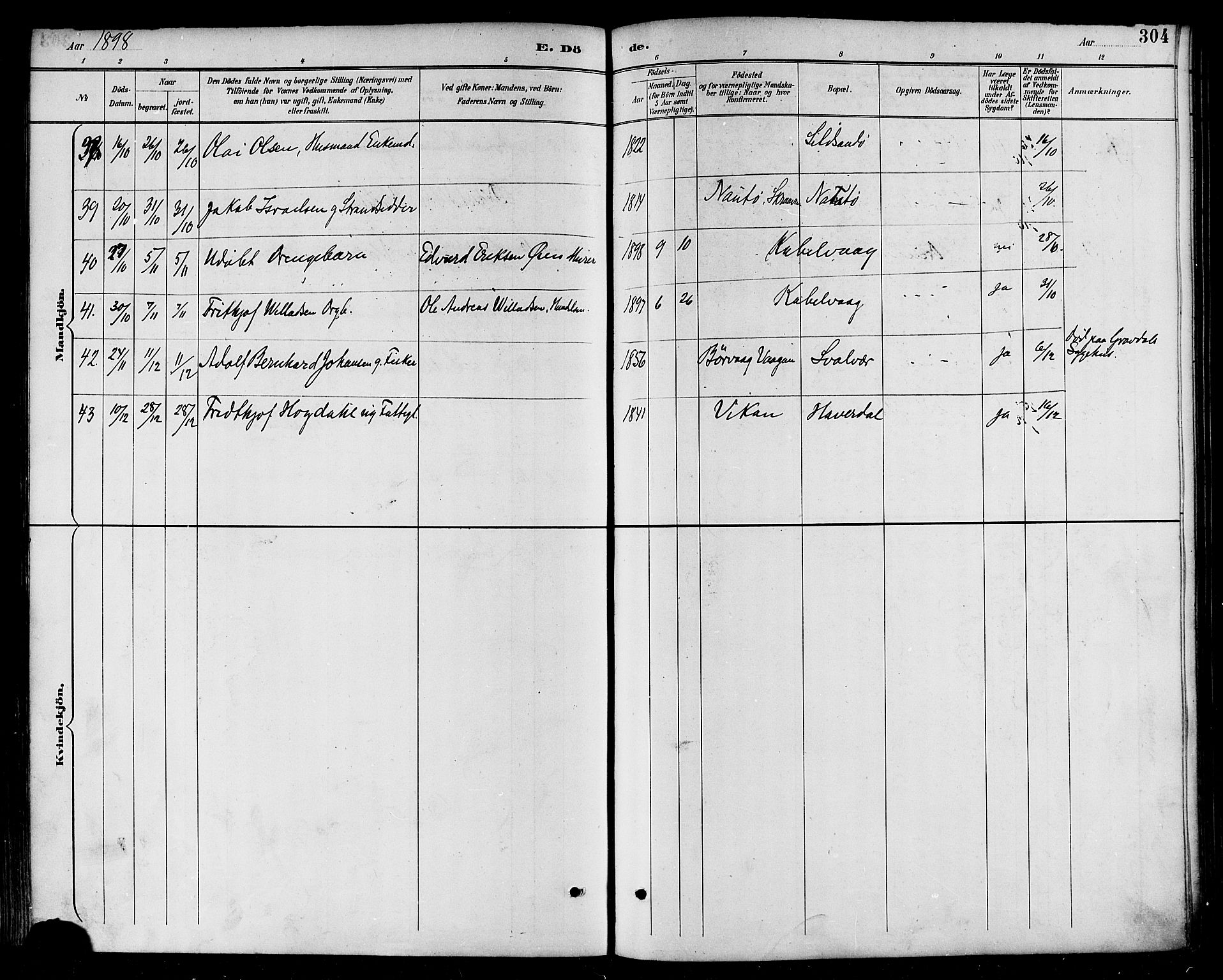 Ministerialprotokoller, klokkerbøker og fødselsregistre - Nordland, AV/SAT-A-1459/874/L1060: Parish register (official) no. 874A04, 1890-1899, p. 304