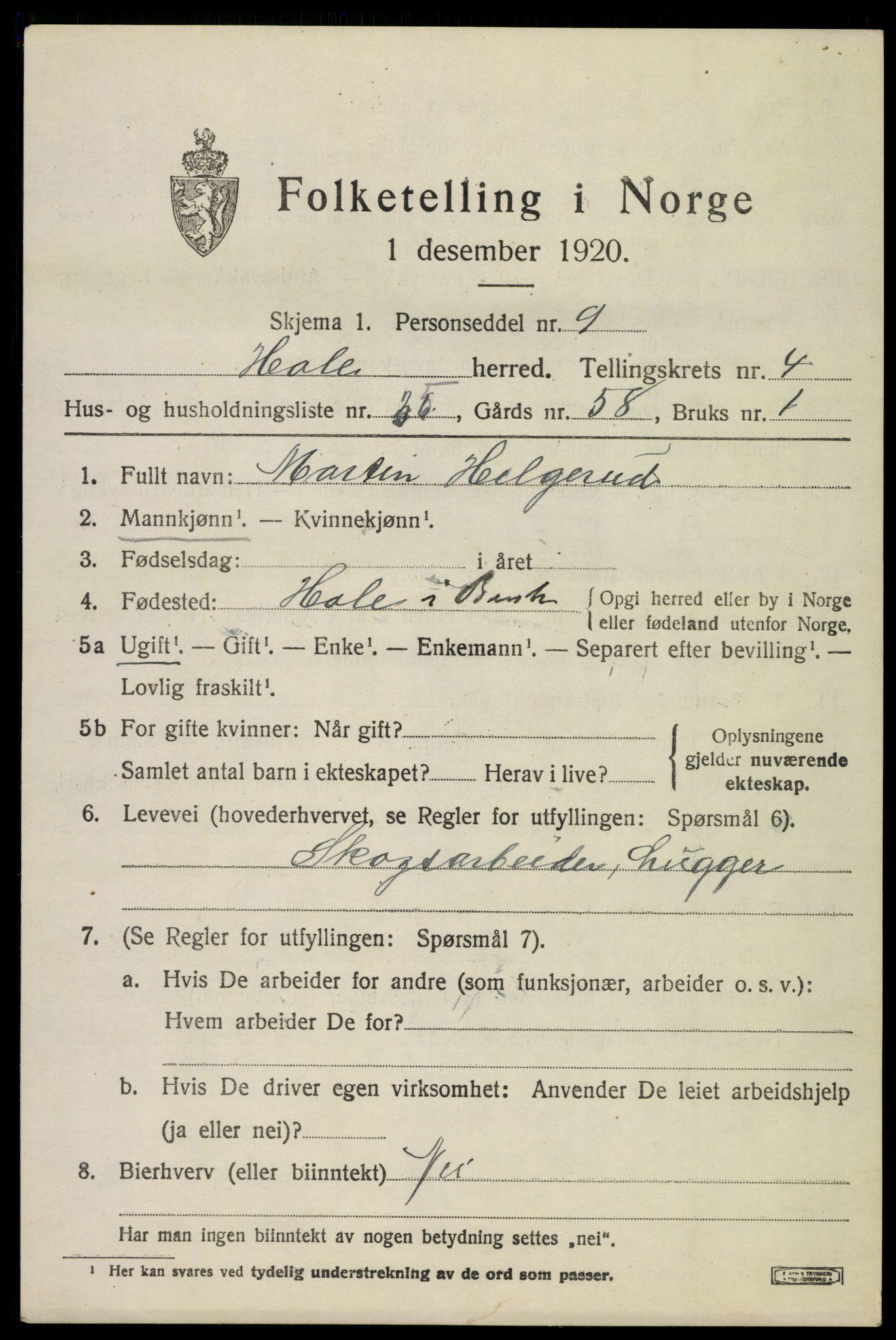 SAKO, 1920 census for Hole, 1920, p. 3365