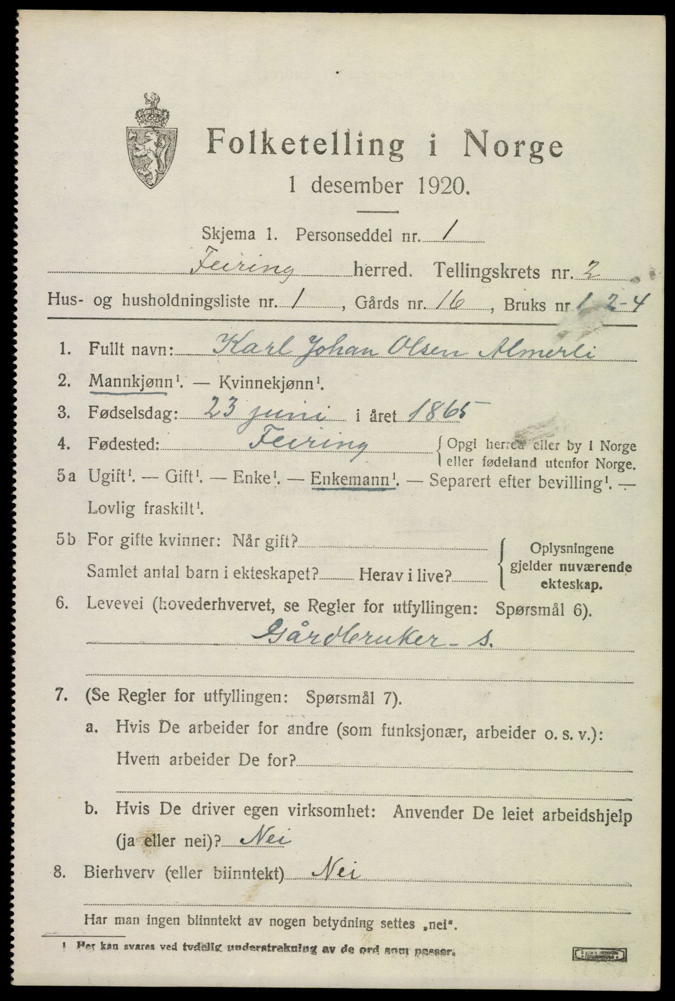 SAO, 1920 census for Feiring, 1920, p. 762