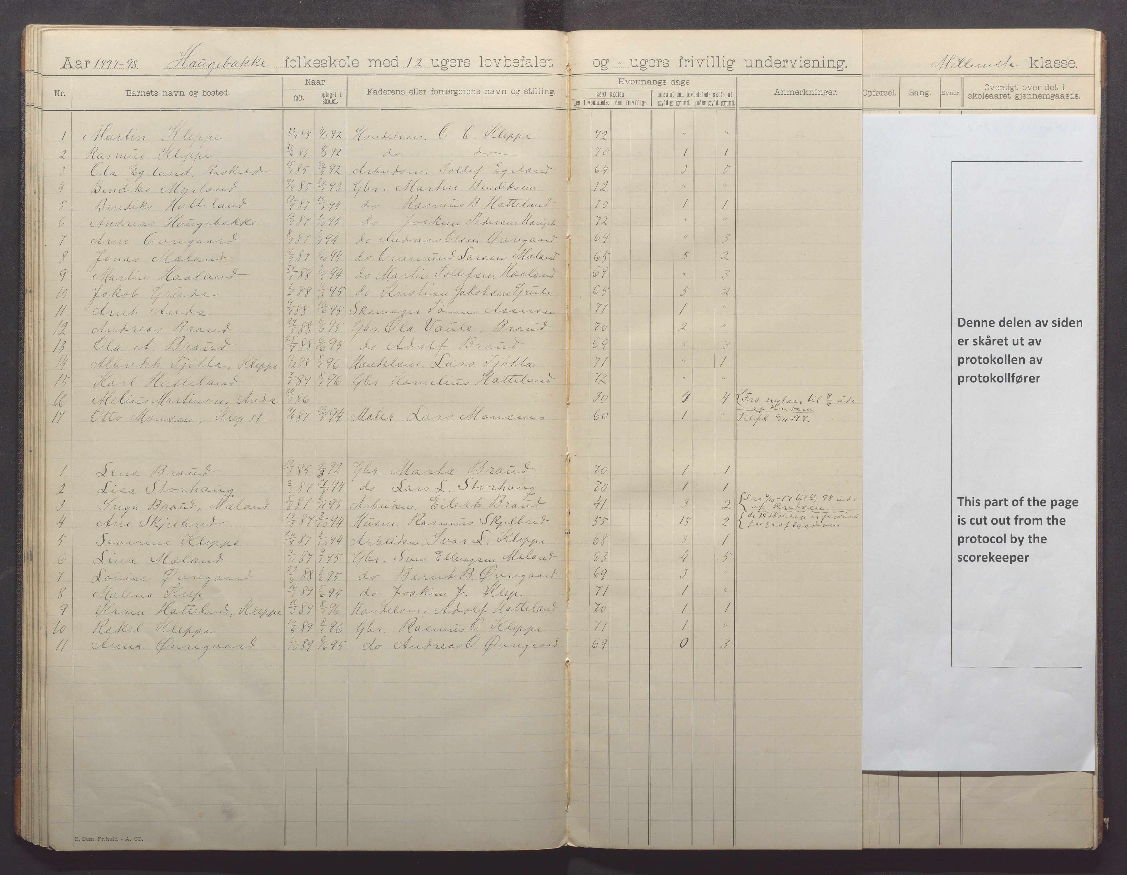 Klepp kommune - Haugebakke skule, IKAR/K-100292/H/L0002: Skoleprotokoll, 1892-1898, p. 43