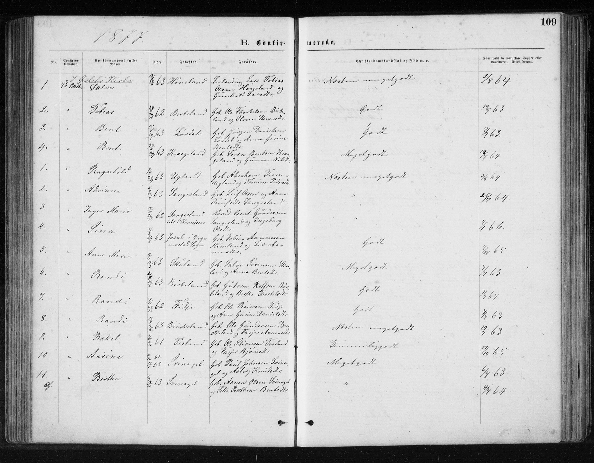 Holum sokneprestkontor, SAK/1111-0022/F/Fb/Fbb/L0003: Parish register (copy) no. B 3, 1875-1898, p. 109