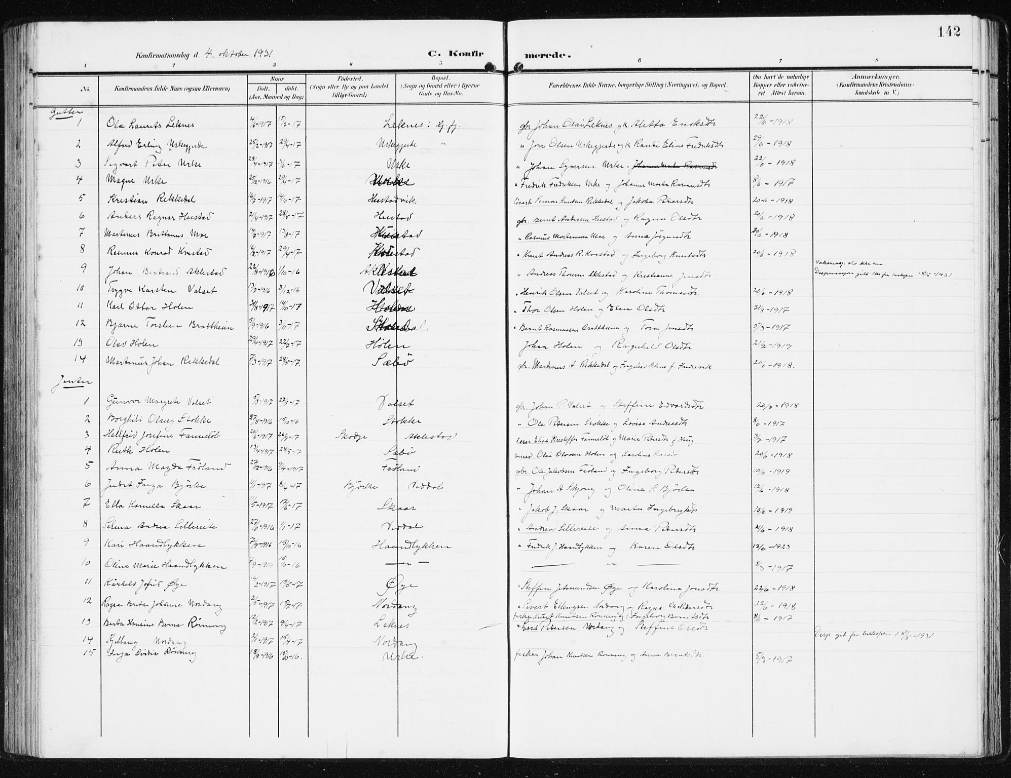 Ministerialprotokoller, klokkerbøker og fødselsregistre - Møre og Romsdal, AV/SAT-A-1454/515/L0216: Parish register (copy) no. 515C03, 1906-1941, p. 142