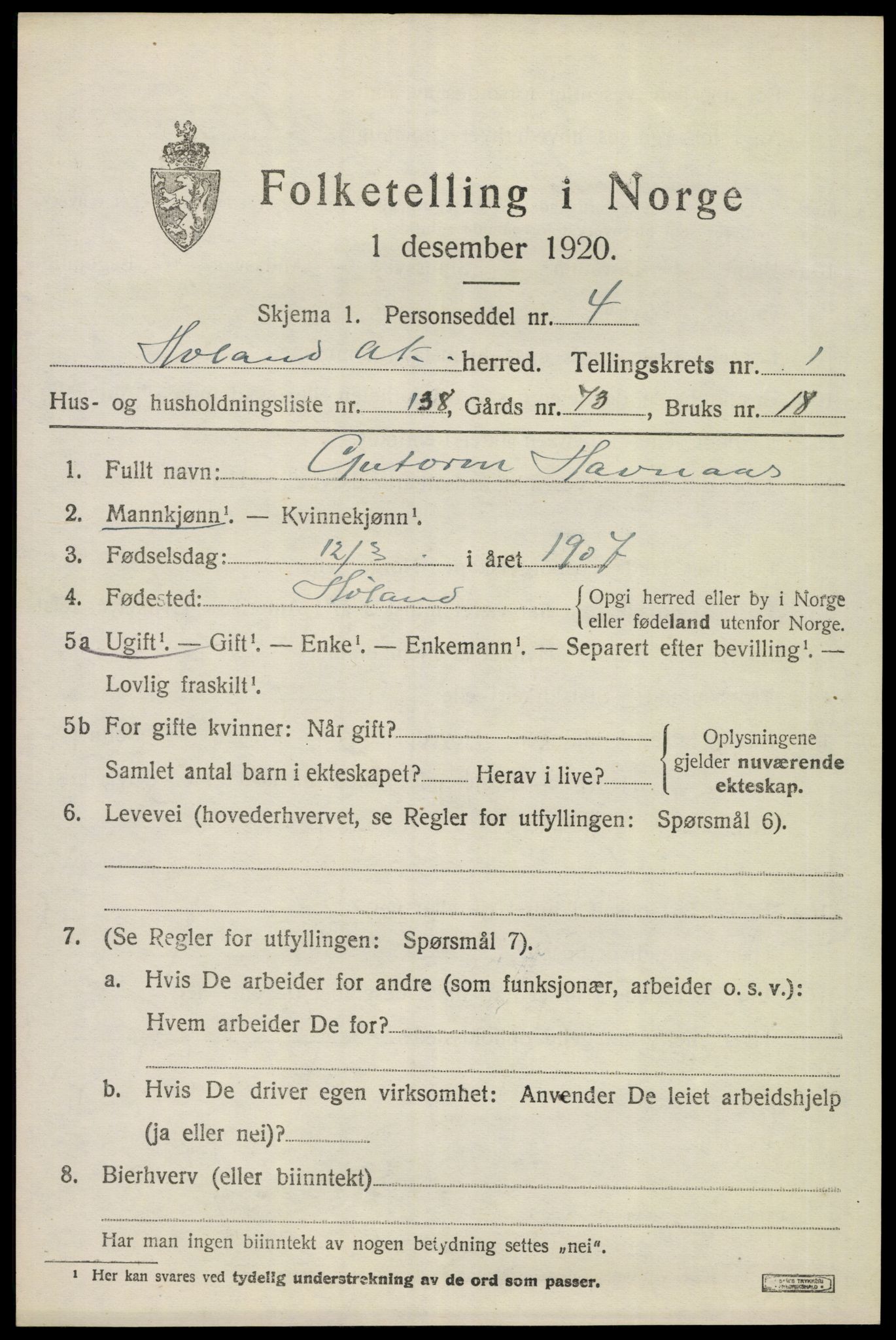 SAO, 1920 census for Høland, 1920, p. 3685