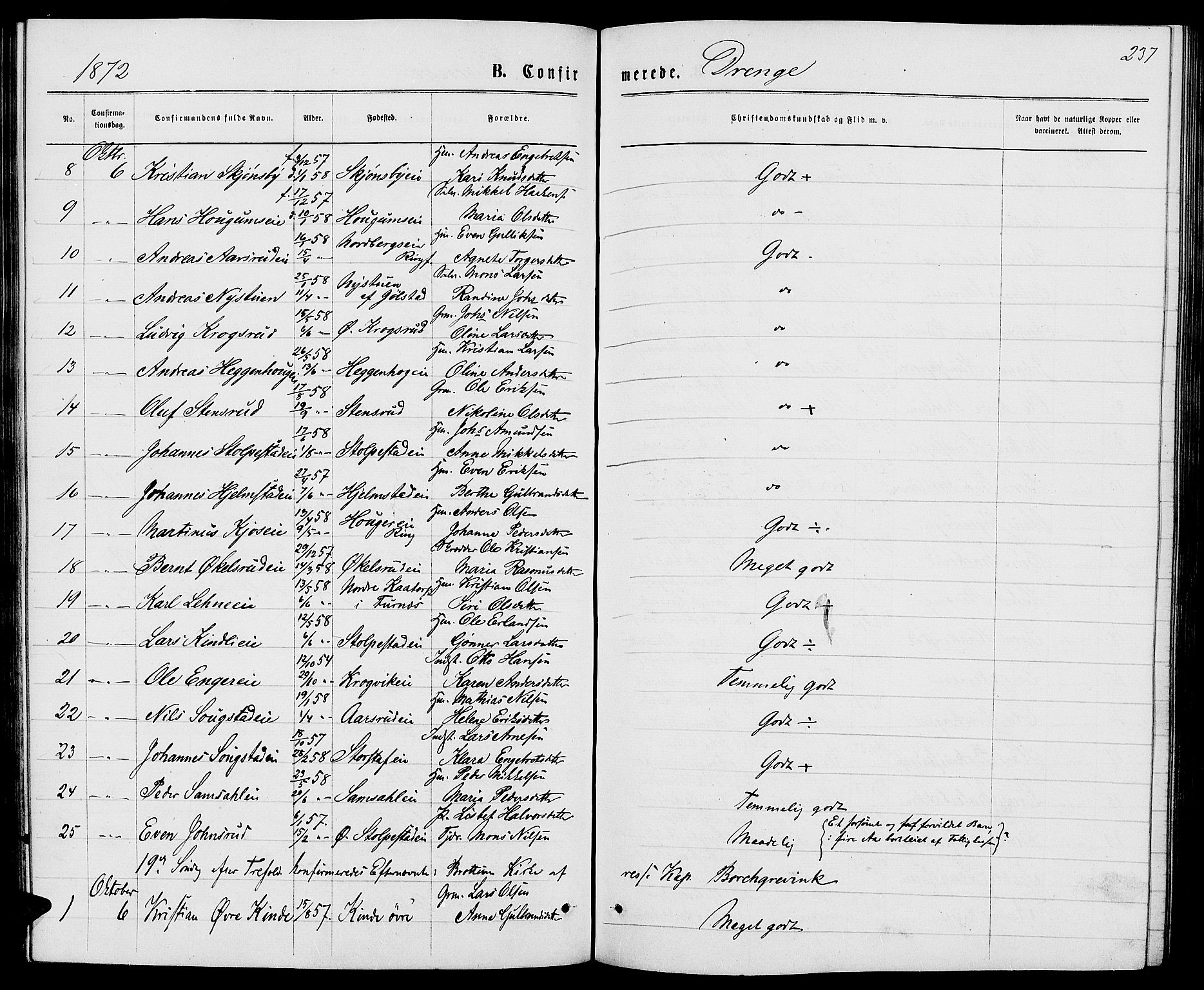 Ringsaker prestekontor, AV/SAH-PREST-014/L/La/L0008: Parish register (copy) no. 8, 1870-1878, p. 237