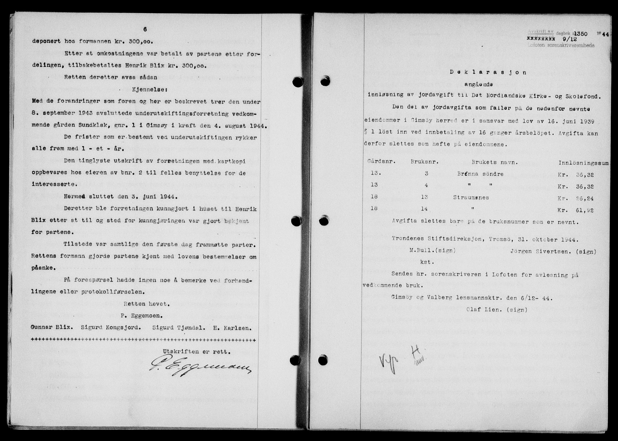 Lofoten sorenskriveri, SAT/A-0017/1/2/2C/L0013a: Mortgage book no. 13a, 1944-1946, Diary no: : 1350/1944