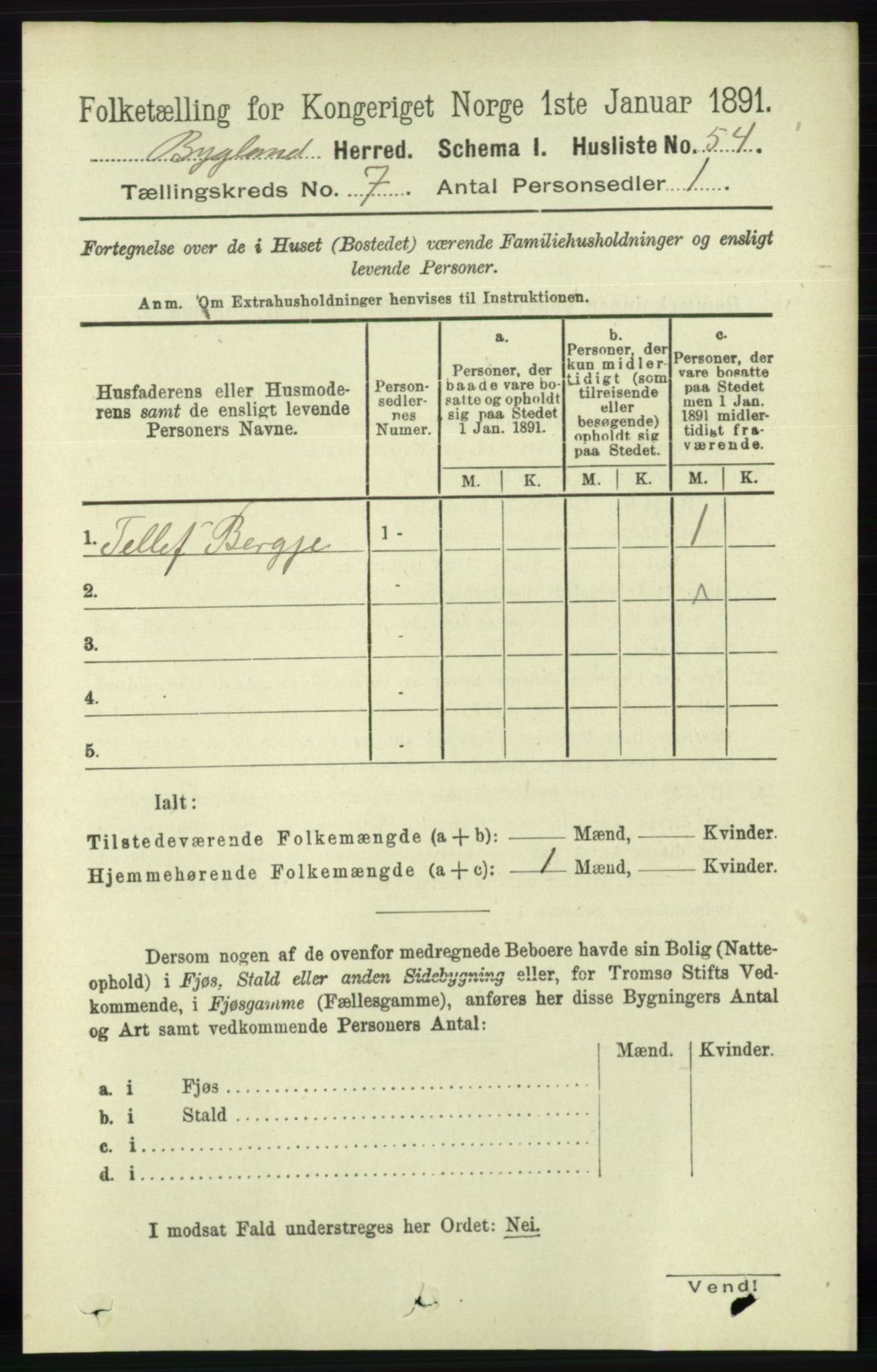 RA, 1891 census for 0938 Bygland, 1891, p. 1553