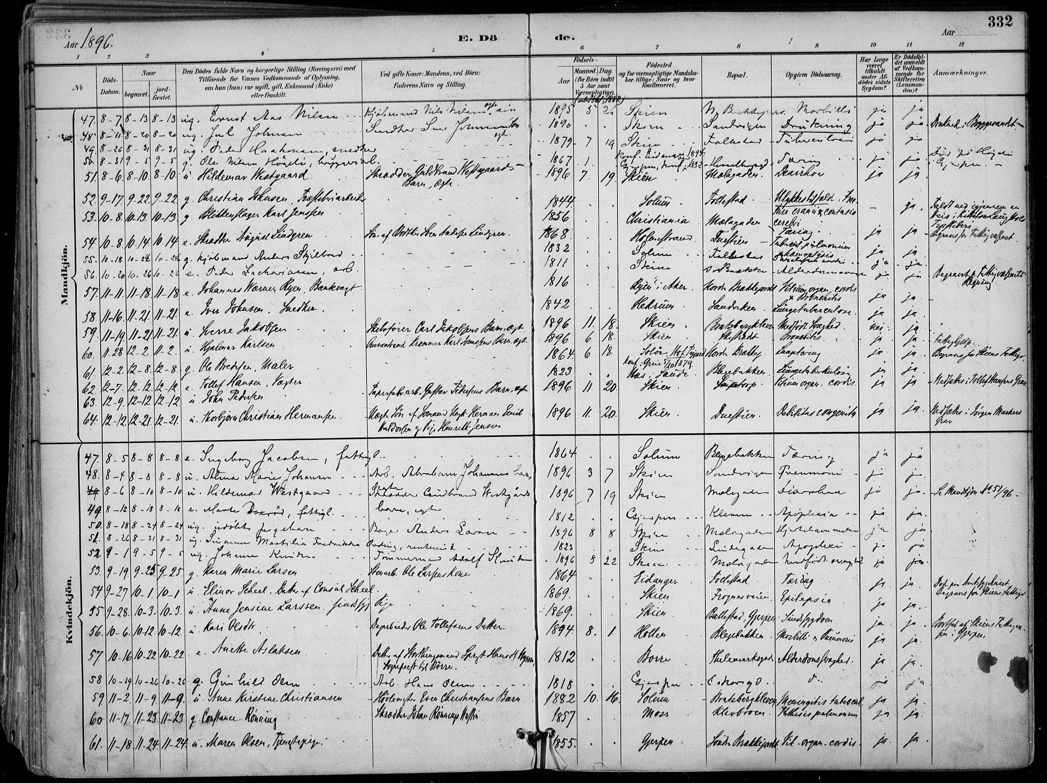 Skien kirkebøker, SAKO/A-302/F/Fa/L0010: Parish register (official) no. 10, 1891-1899, p. 332