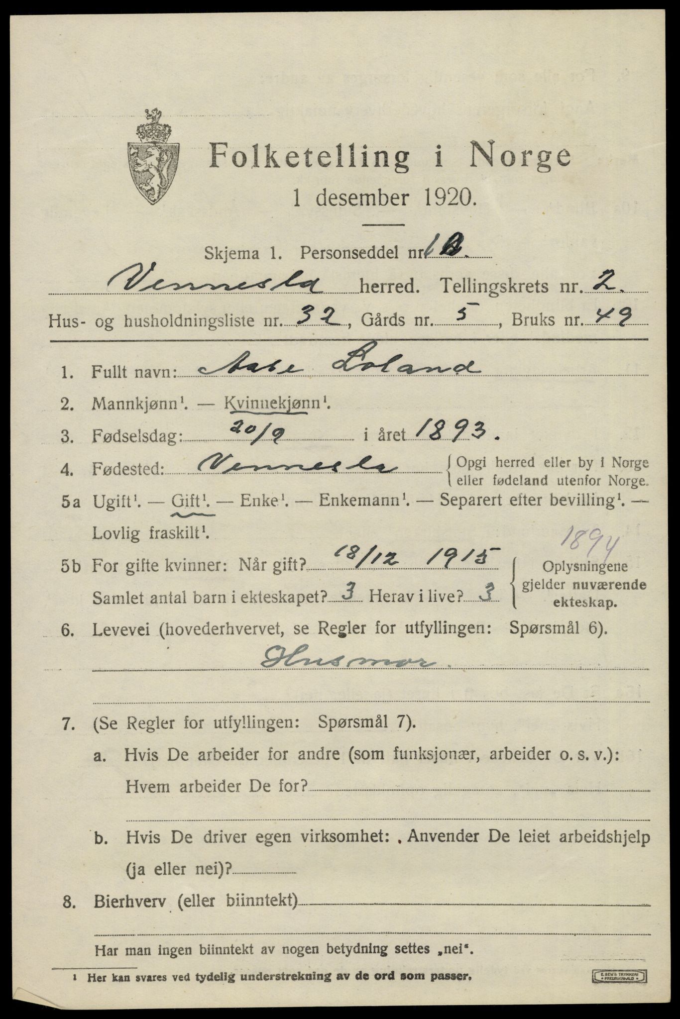 SAK, 1920 census for Vennesla, 1920, p. 1896