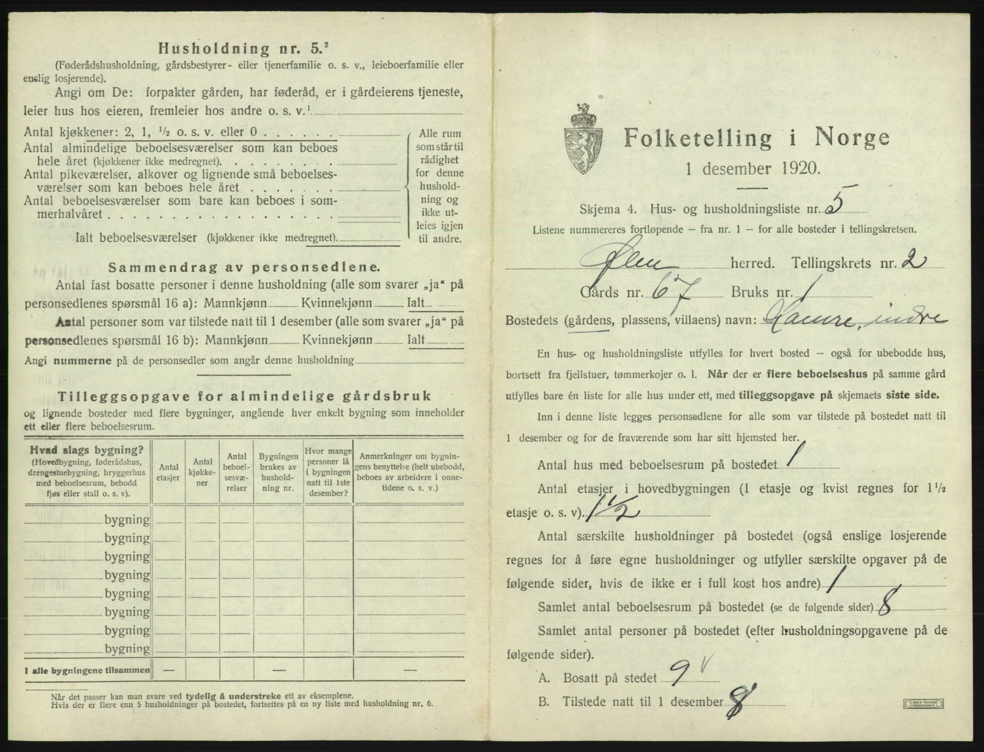 SAB, 1920 census for Ølen, 1920, p. 70