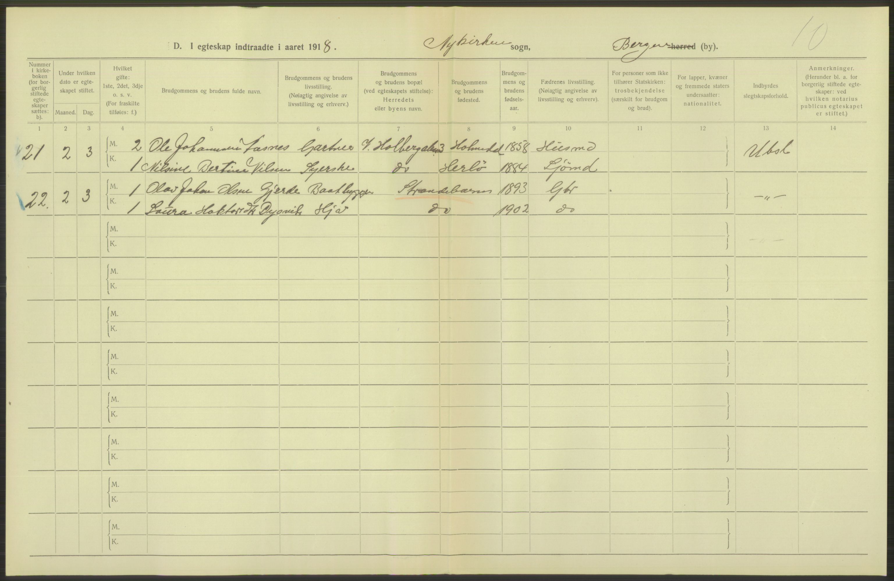 Statistisk sentralbyrå, Sosiodemografiske emner, Befolkning, AV/RA-S-2228/D/Df/Dfb/Dfbh/L0038: Bergen: Gifte, dødfødte., 1918, p. 110