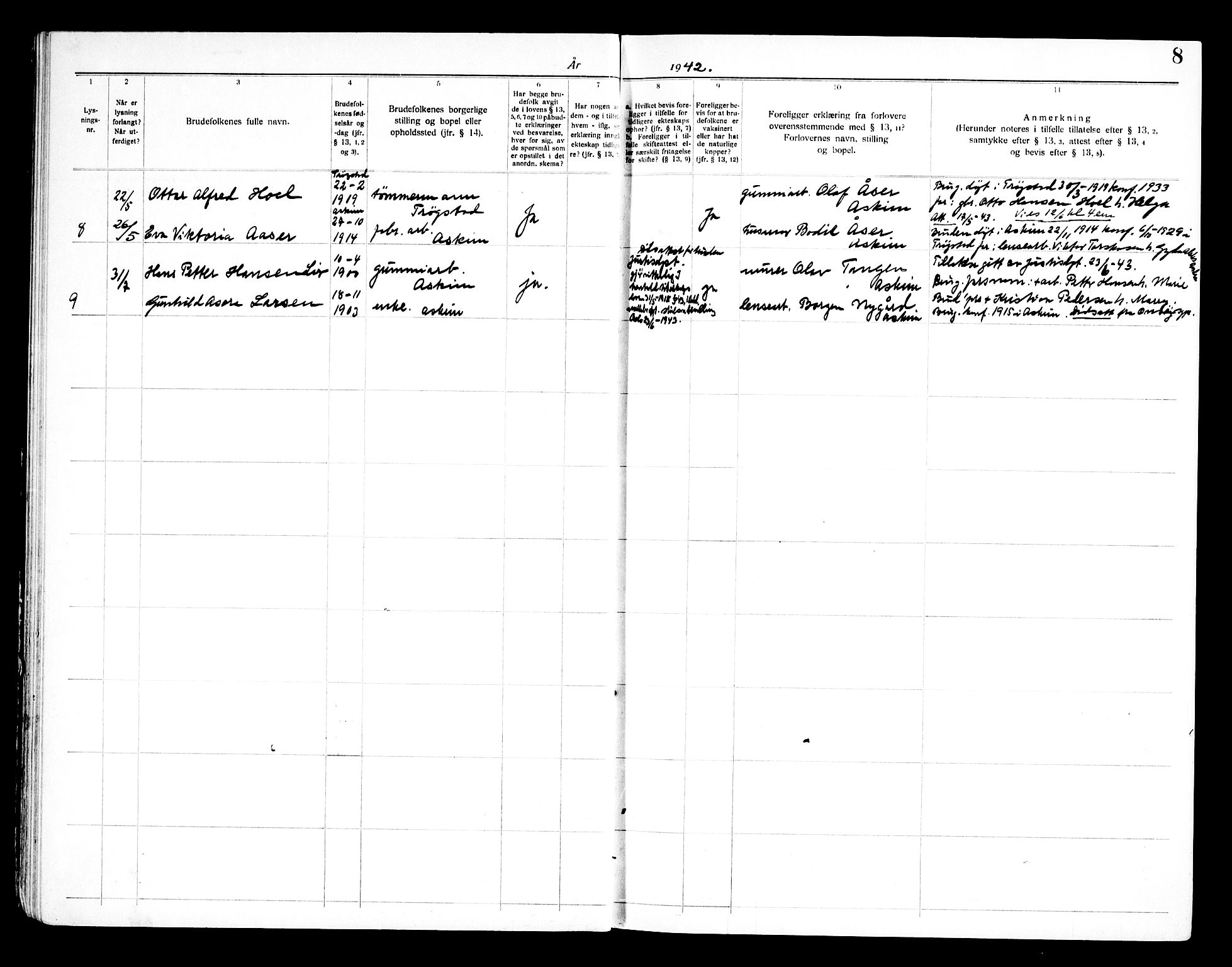 Askim prestekontor Kirkebøker, SAO/A-10900/H/Ha/L0002: Banns register no. 2, 1941-1955, p. 8