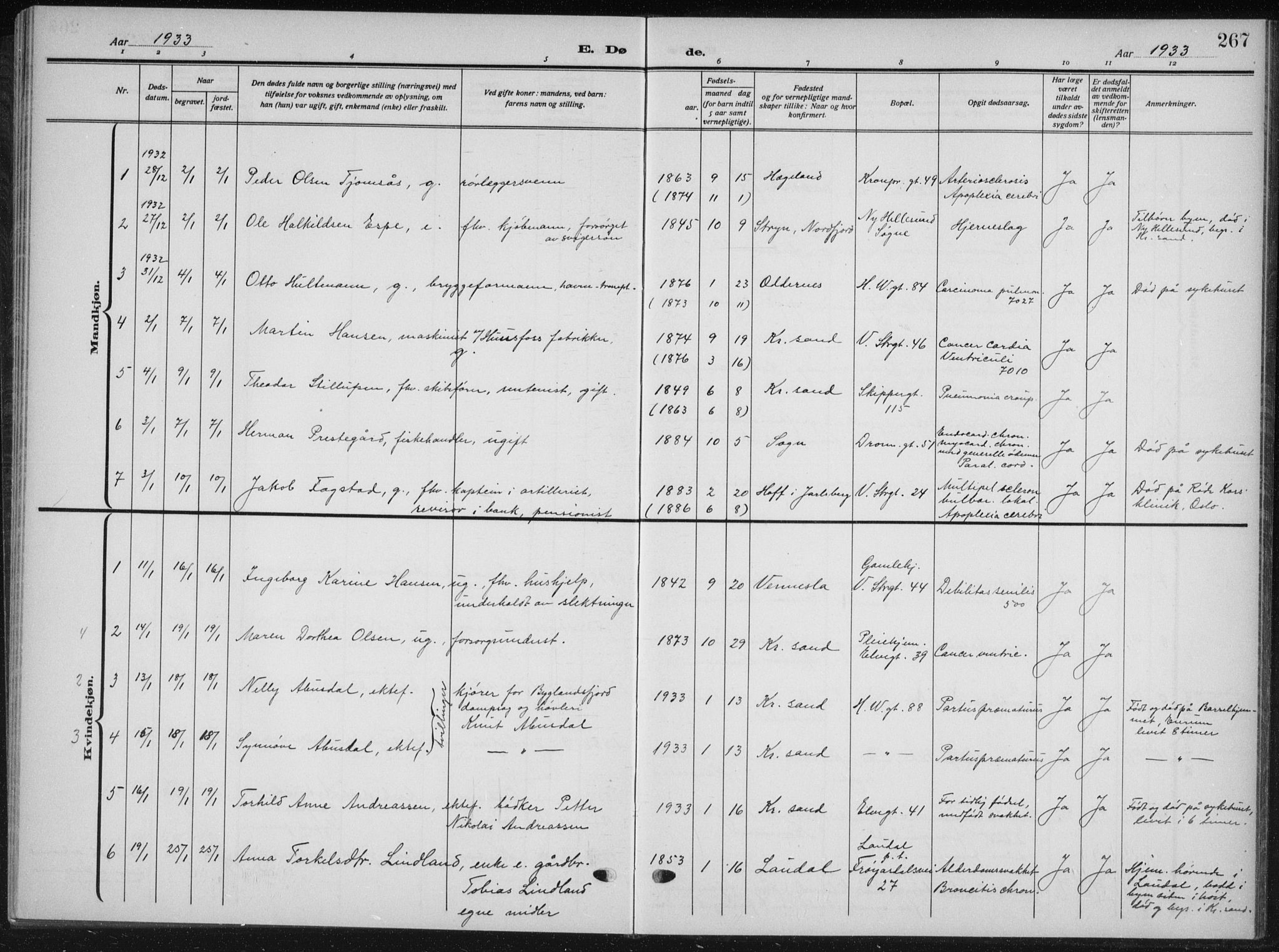 Kristiansand domprosti, SAK/1112-0006/F/Fb/L0025: Parish register (copy) no. B 25, 1924-1934, p. 267