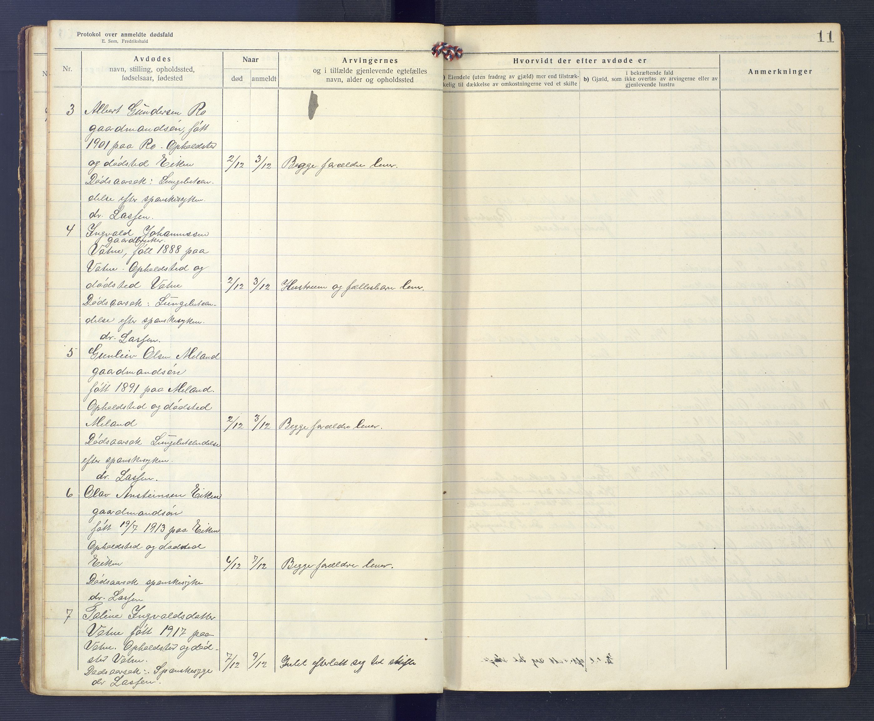 Hægebostad og Eiken lensmannskontor, AV/SAK-1241-0023/F/Fe/L0002: Dødsfallsprotokoll nr 34, 1917-1932, p. 11