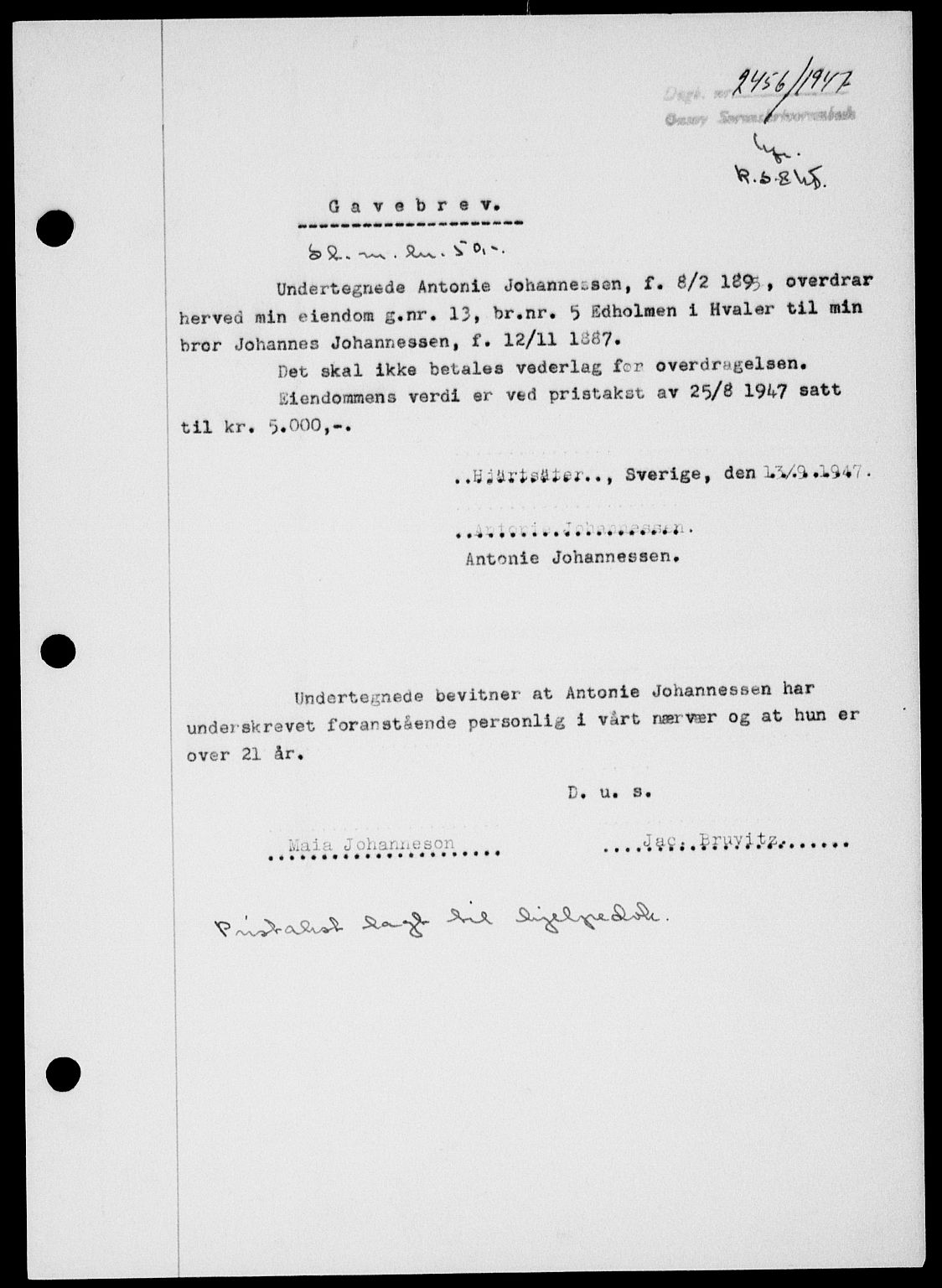 Onsøy sorenskriveri, SAO/A-10474/G/Ga/Gab/L0021: Mortgage book no. II A-21, 1947-1947, Diary no: : 2456/1947