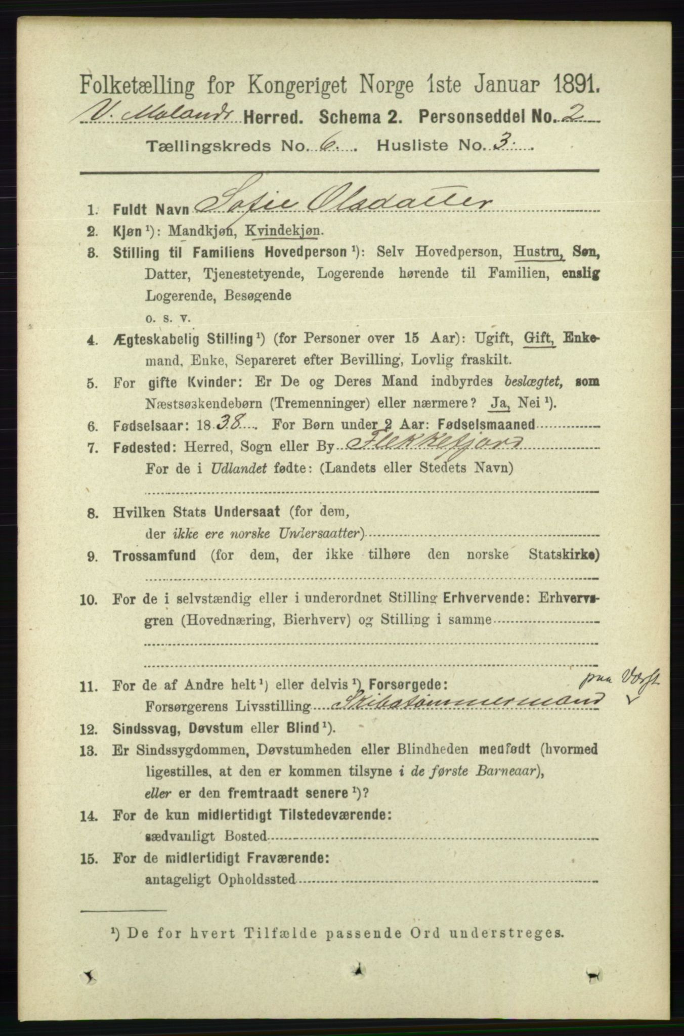 RA, 1891 census for 0926 Vestre Moland, 1891, p. 2358