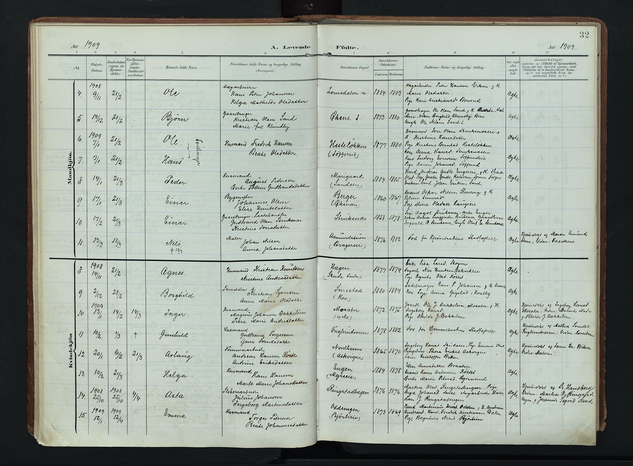 Søndre Land prestekontor, SAH/PREST-122/K/L0007: Parish register (official) no. 7, 1905-1914, p. 32