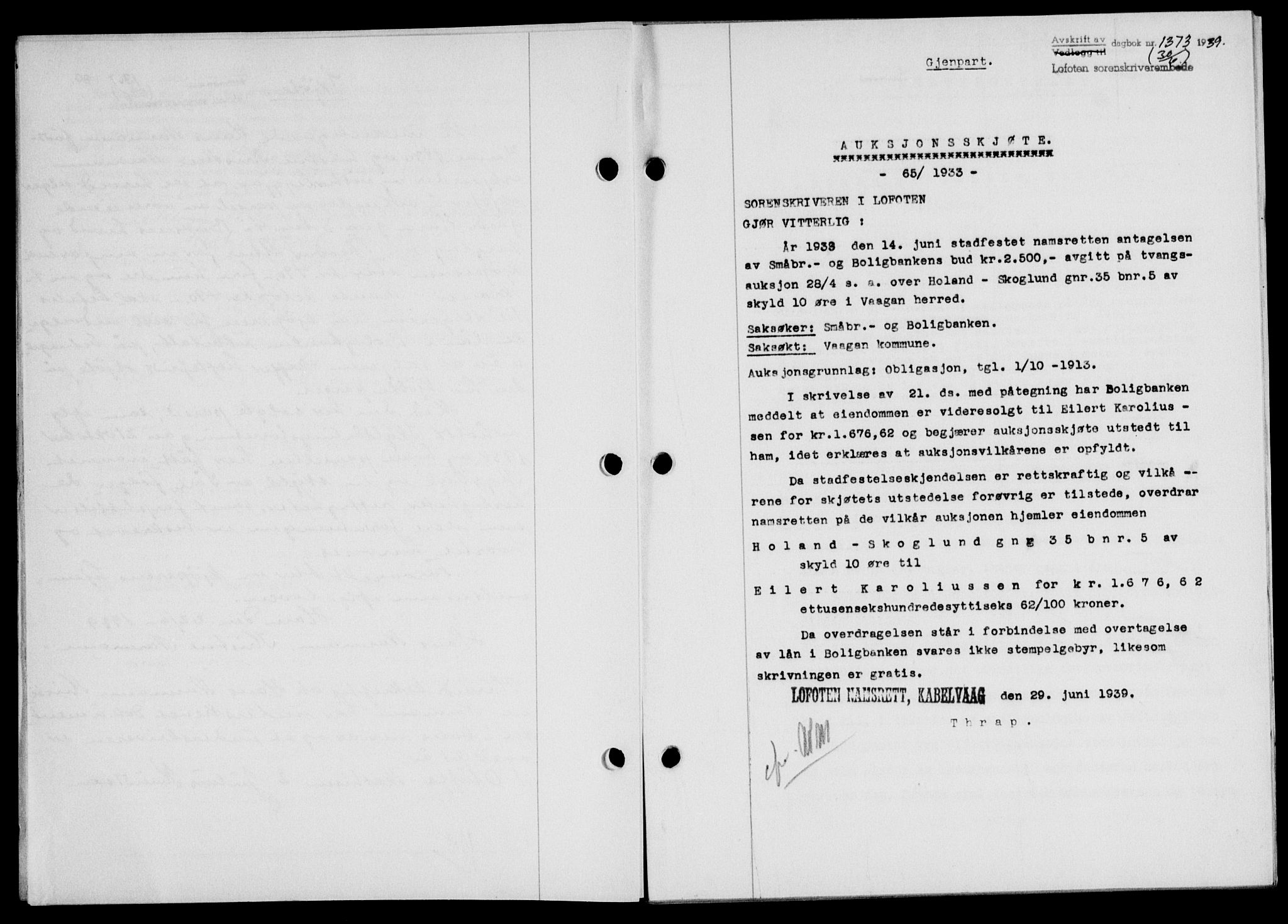 Lofoten sorenskriveri, SAT/A-0017/1/2/2C/L0006a: Mortgage book no. 6a, 1939-1939, Diary no: : 1373/1939