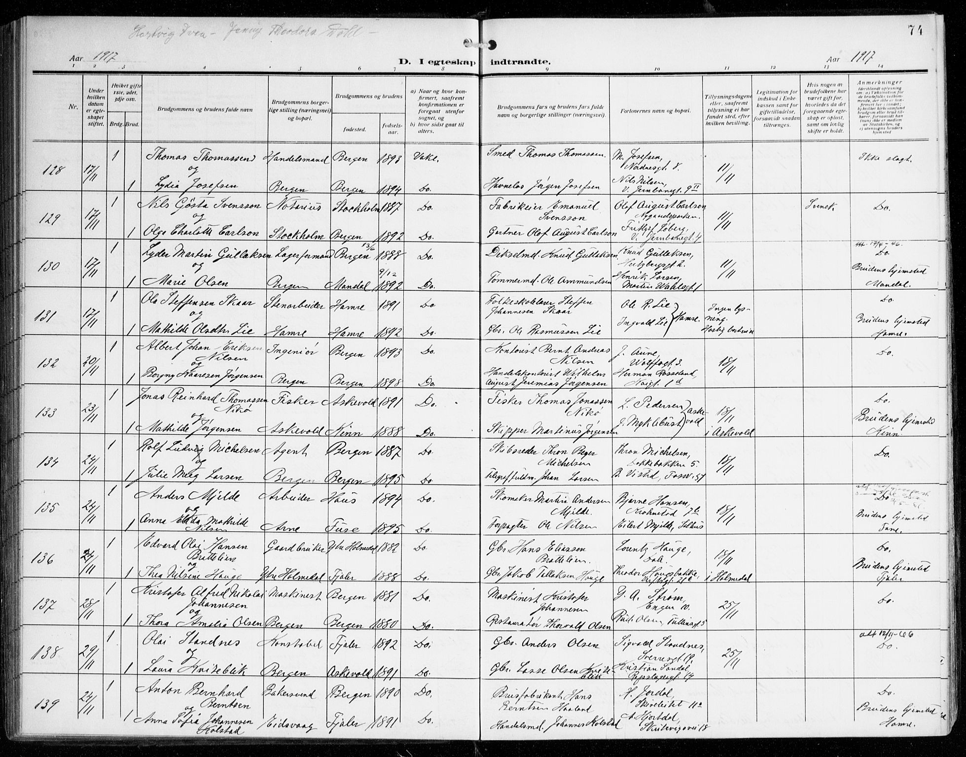 Johanneskirken sokneprestembete, AV/SAB-A-76001/H/Haa/L0013: Parish register (official) no. D 2, 1912-1929, p. 74