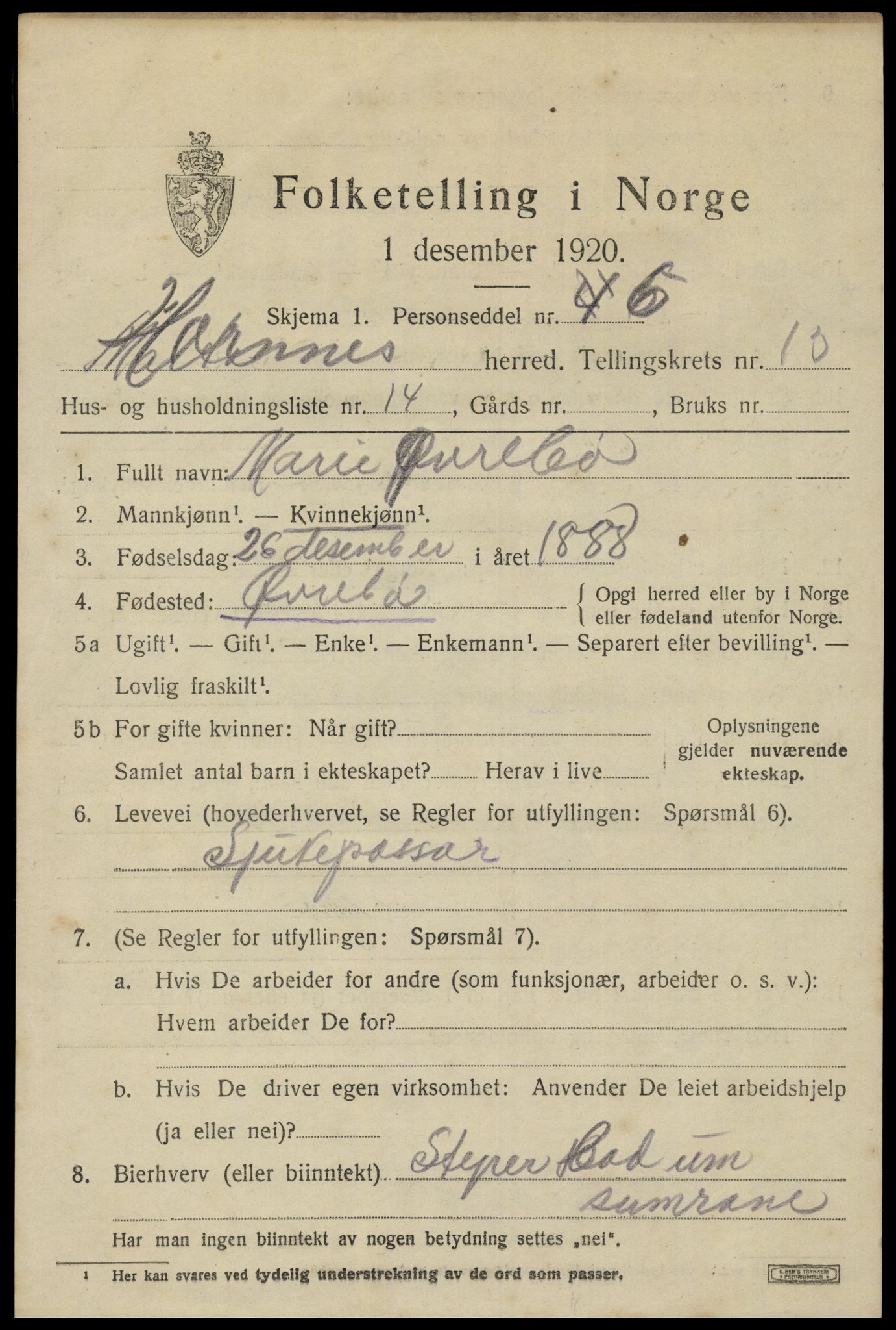 SAK, 1920 census for Hornnes, 1920, p. 3249