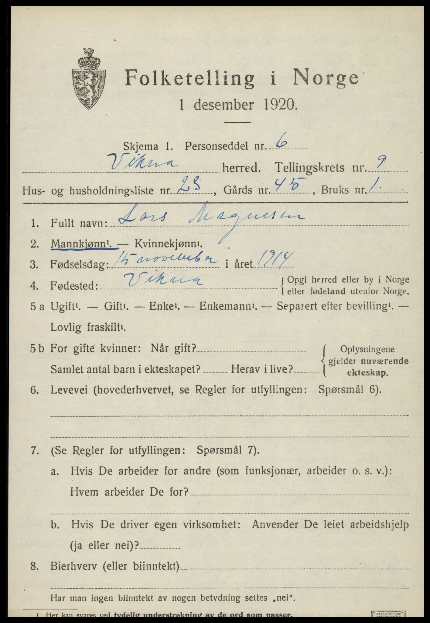 SAT, 1920 census for Vikna, 1920, p. 6675