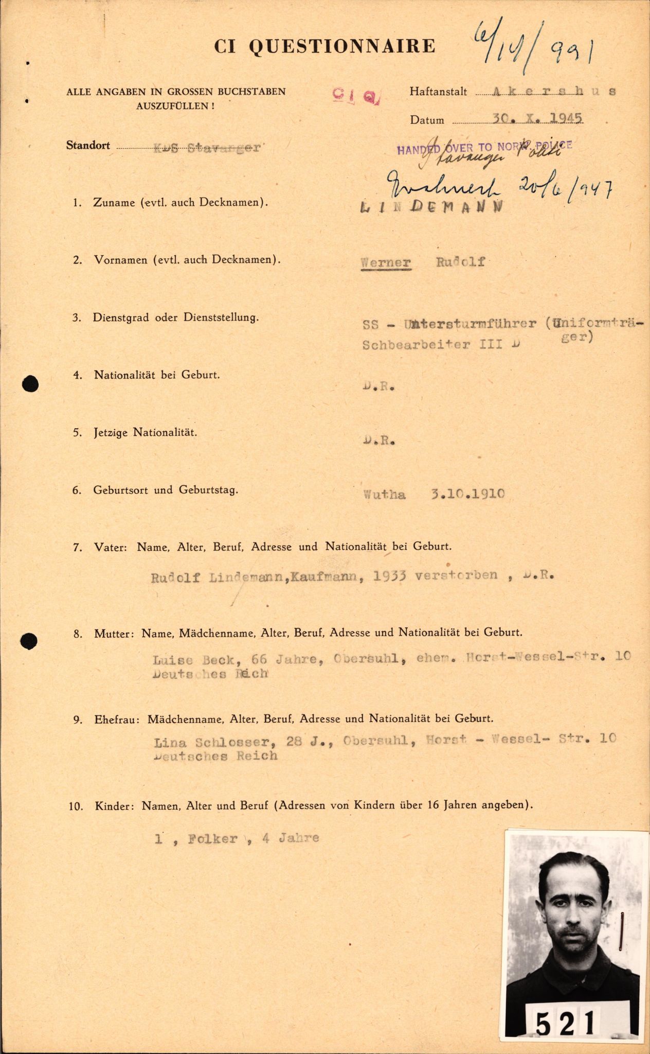 Forsvaret, Forsvarets overkommando II, RA/RAFA-3915/D/Db/L0020: CI Questionaires. Tyske okkupasjonsstyrker i Norge. Tyskere., 1945-1946, p. 166