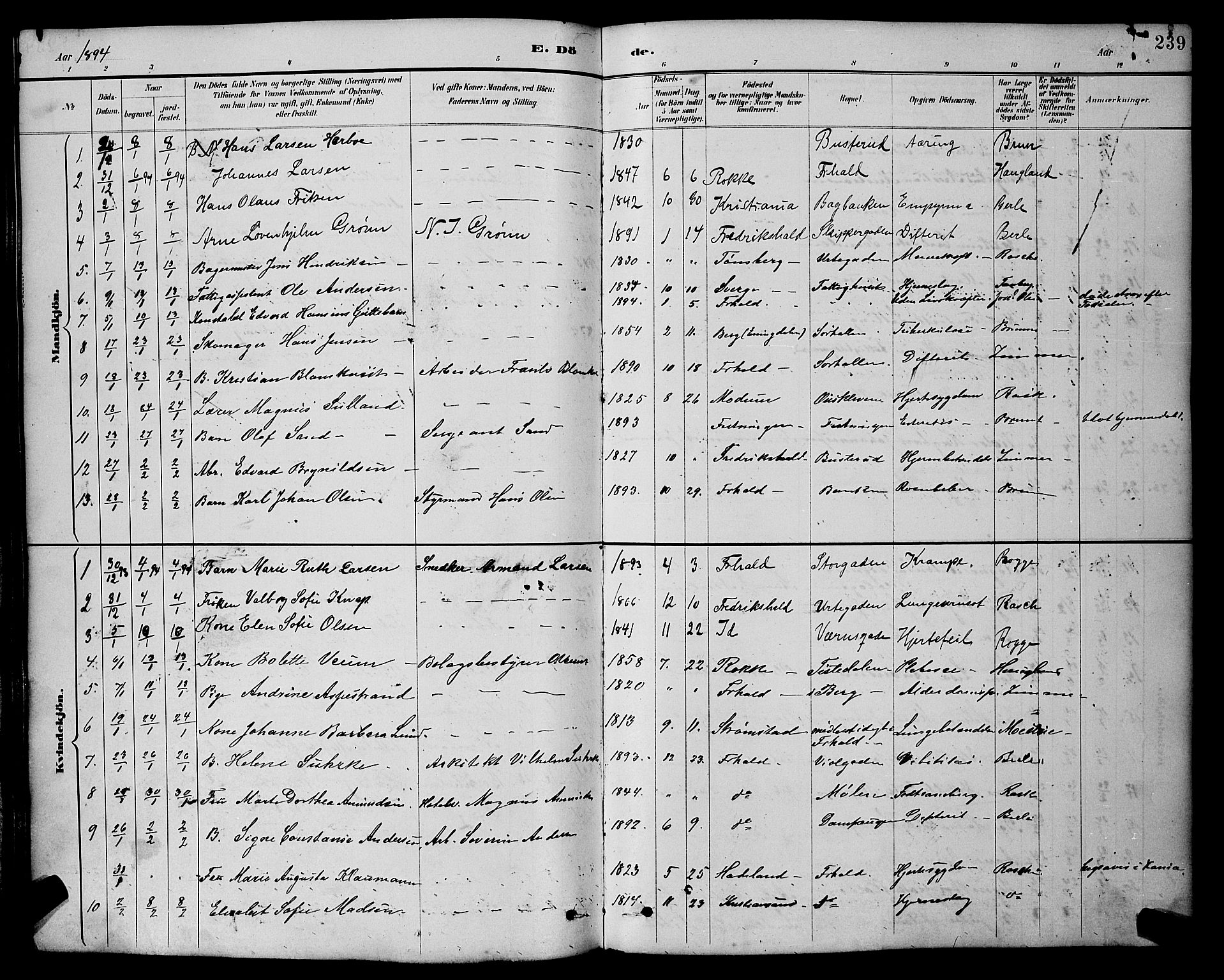 Halden prestekontor Kirkebøker, SAO/A-10909/G/Ga/L0009: Parish register (copy) no. 9, 1885-1908, p. 239