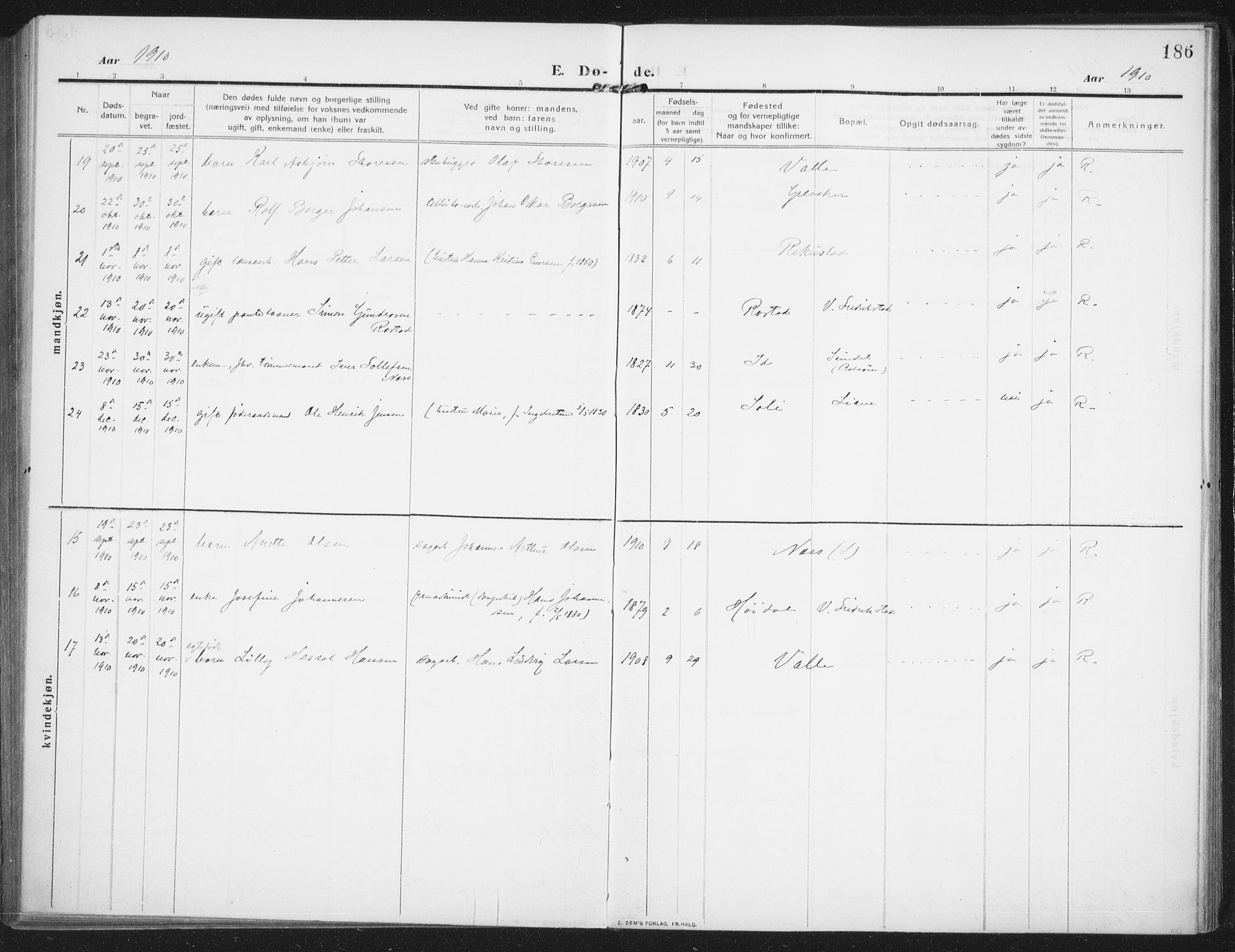 Rolvsøy prestekontor Kirkebøker, AV/SAO-A-2004/F/Fa/L0002: Parish register (official) no. 2, 1909-1917, p. 186