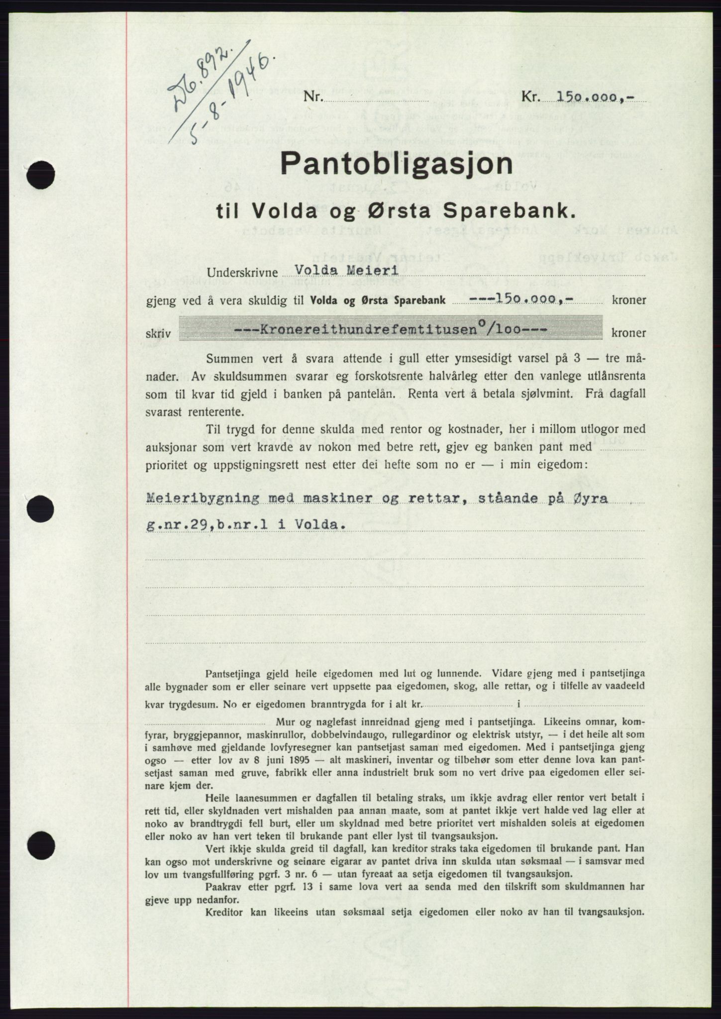 Søre Sunnmøre sorenskriveri, AV/SAT-A-4122/1/2/2C/L0114: Mortgage book no. 1-2B, 1943-1947, Diary no: : 892/1946