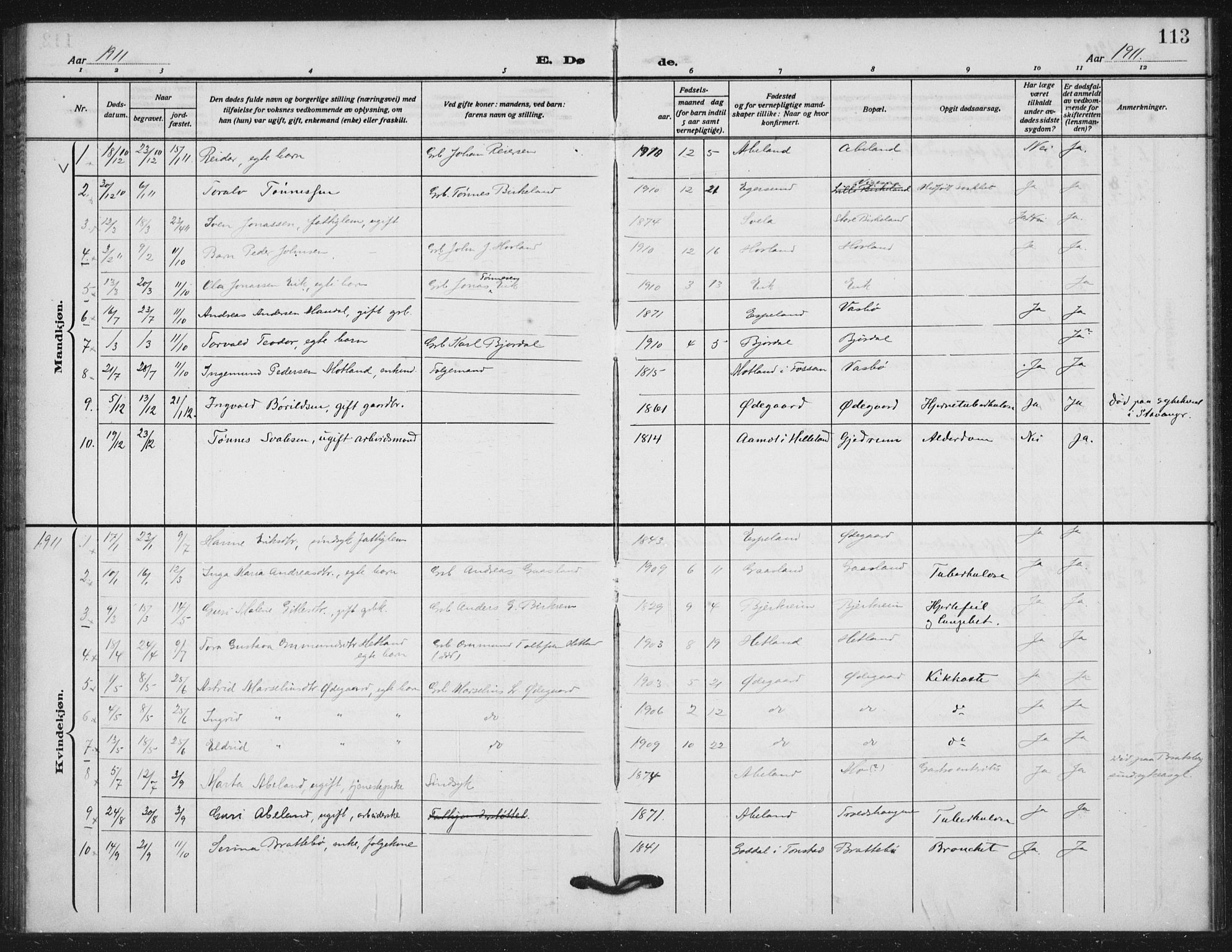 Helleland sokneprestkontor, SAST/A-101810: Parish register (official) no. A 11, 1909-1922, p. 113