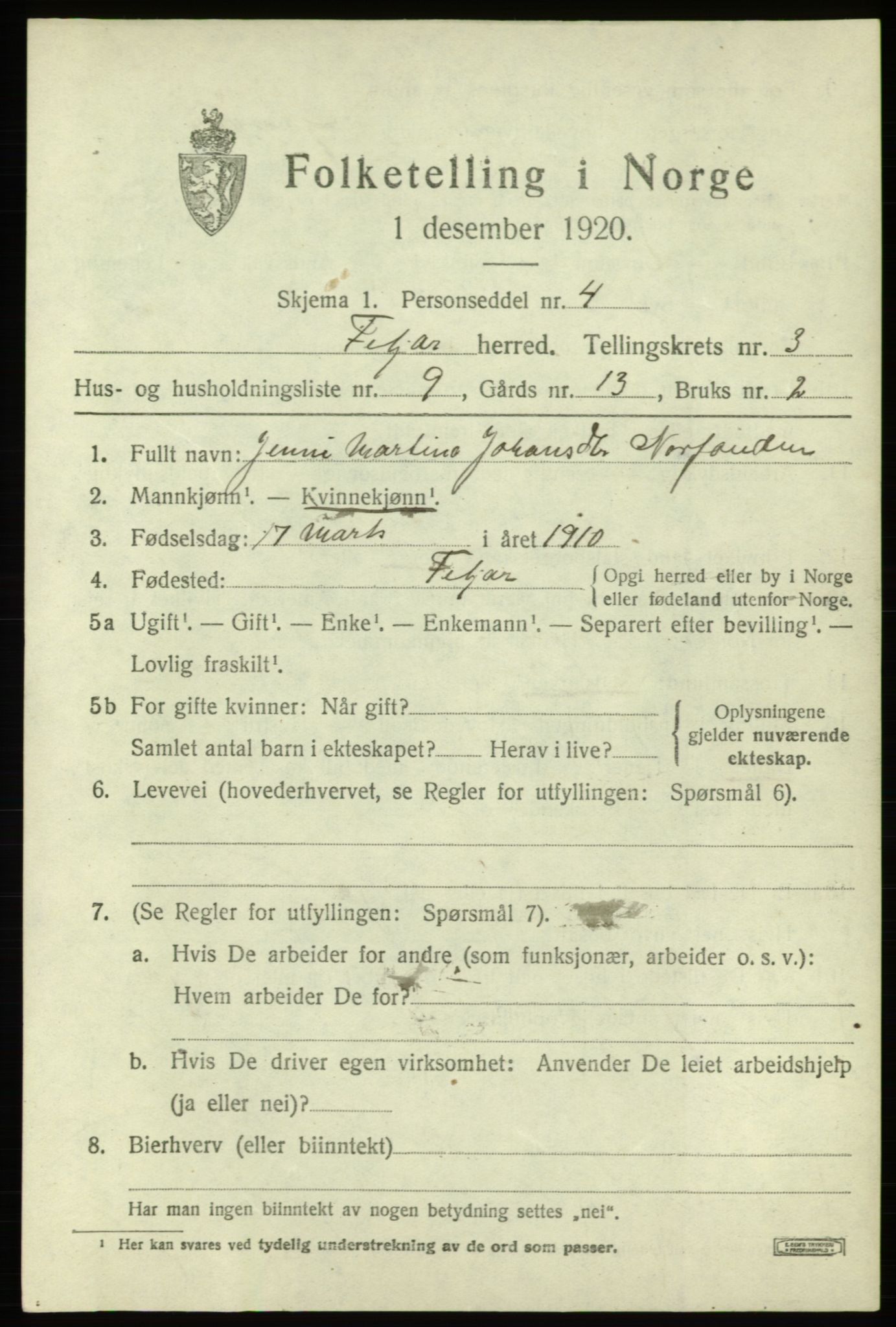 SAB, 1920 census for Fitjar, 1920, p. 2182