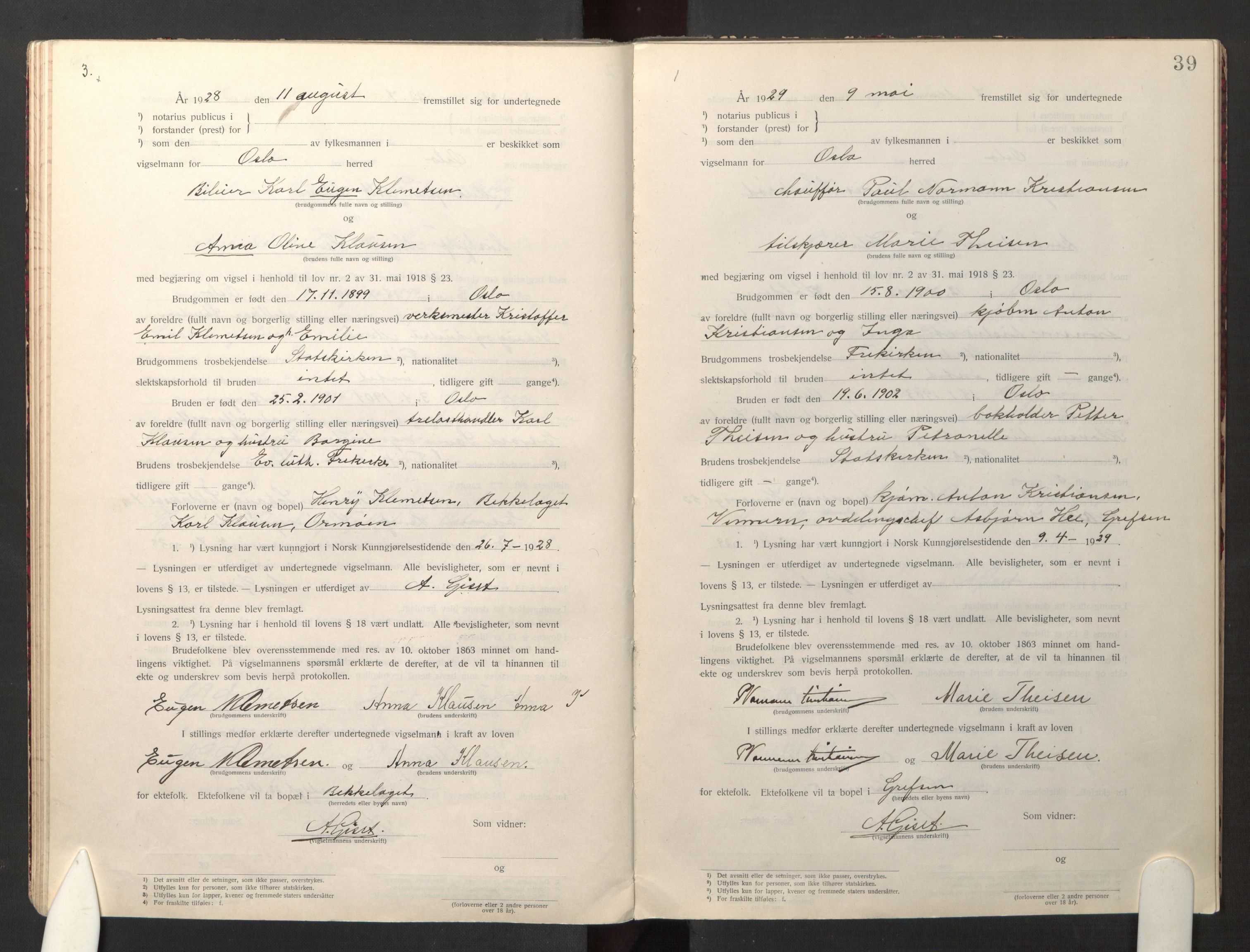 Den evangelisk-lutherske frikirke østre menighet, Oslo, SAO/PAO-0245/F/L0005: Marriage register (dissenter) no. 5, 1920-1941, p. 39
