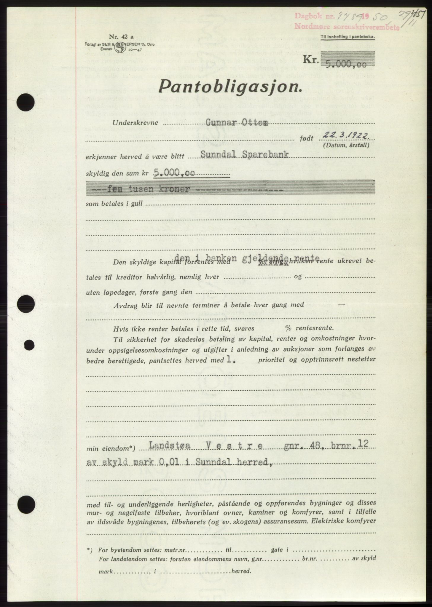 Nordmøre sorenskriveri, AV/SAT-A-4132/1/2/2Ca: Mortgage book no. B106, 1950-1950, Diary no: : 3789/1950