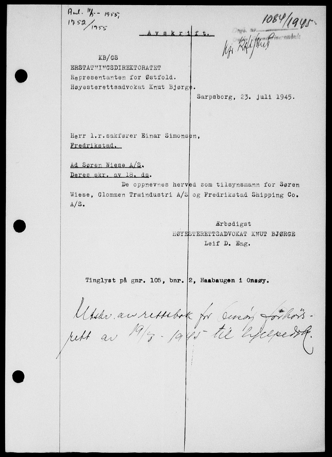 Onsøy sorenskriveri, SAO/A-10474/G/Ga/Gab/L0014: Mortgage book no. II A-14, 1944-1945, Diary no: : 1084/1945